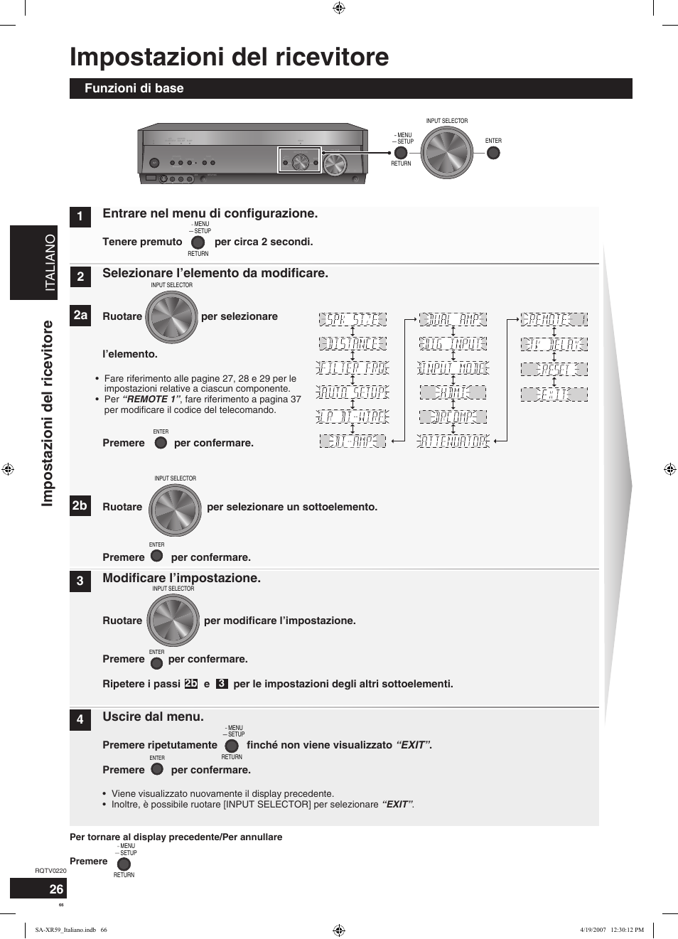 Impostazioni del ricevitore, Italiano, Selezionare l’elemento da modificare | Modificare l’impostazione, Uscire dal menu | Panasonic SAXR59 User Manual | Page 66 / 120