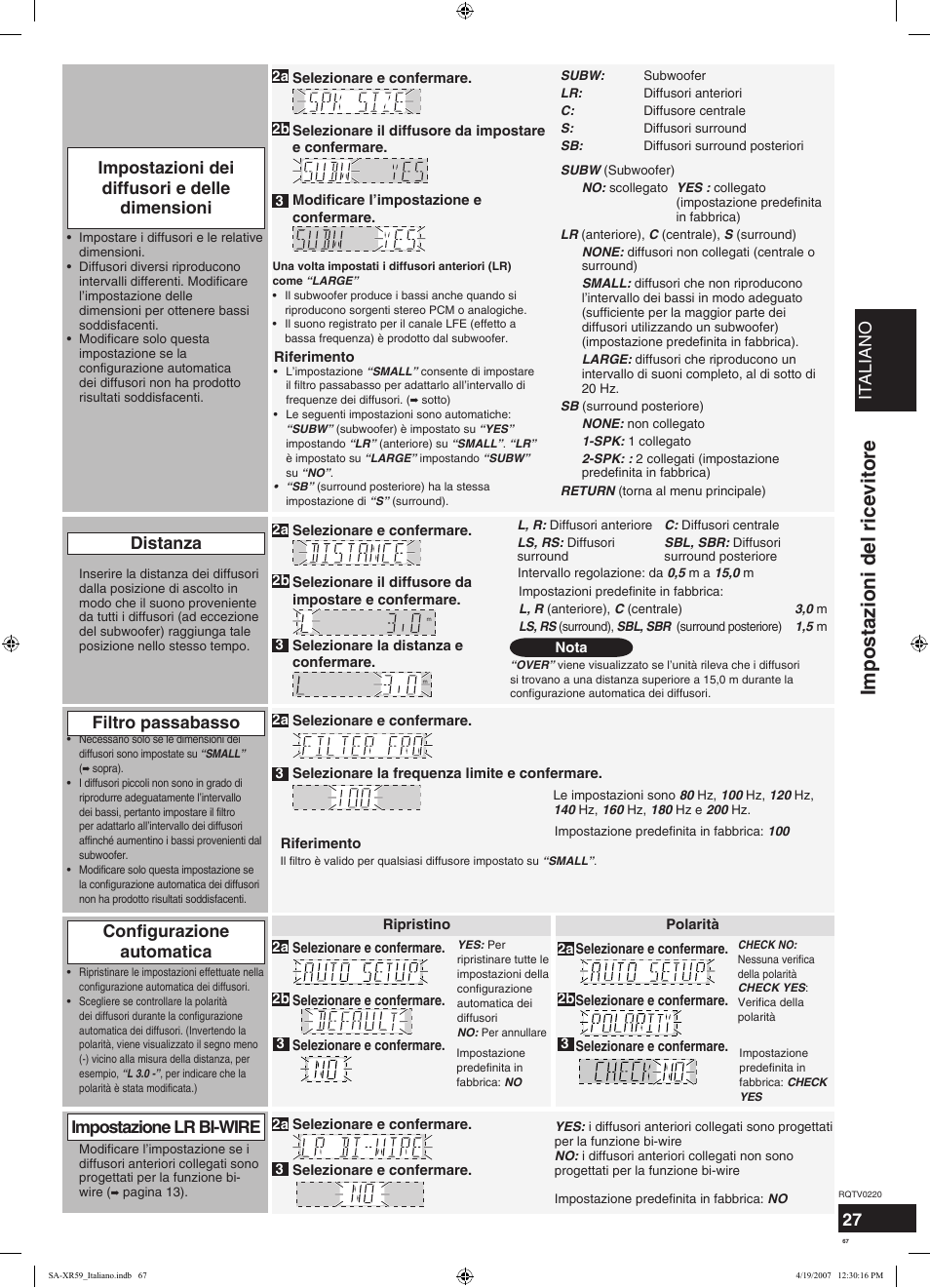 Impostazioni del ricevitore, Italiano, Filtro passabasso | Configurazione automatica, Impostazione lr bi-wire | Panasonic SAXR59 User Manual | Page 67 / 120