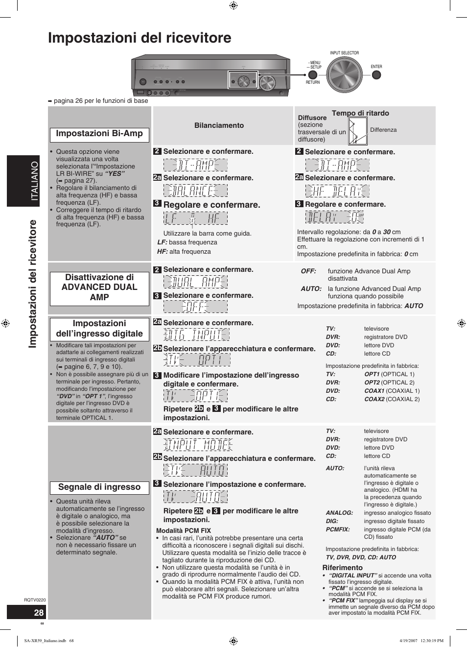 Impostazioni del ricevitore, Italiano, Disattivazione di advanced dual amp | Regolare e confermare, Impostazioni bi-amp | Panasonic SAXR59 User Manual | Page 68 / 120