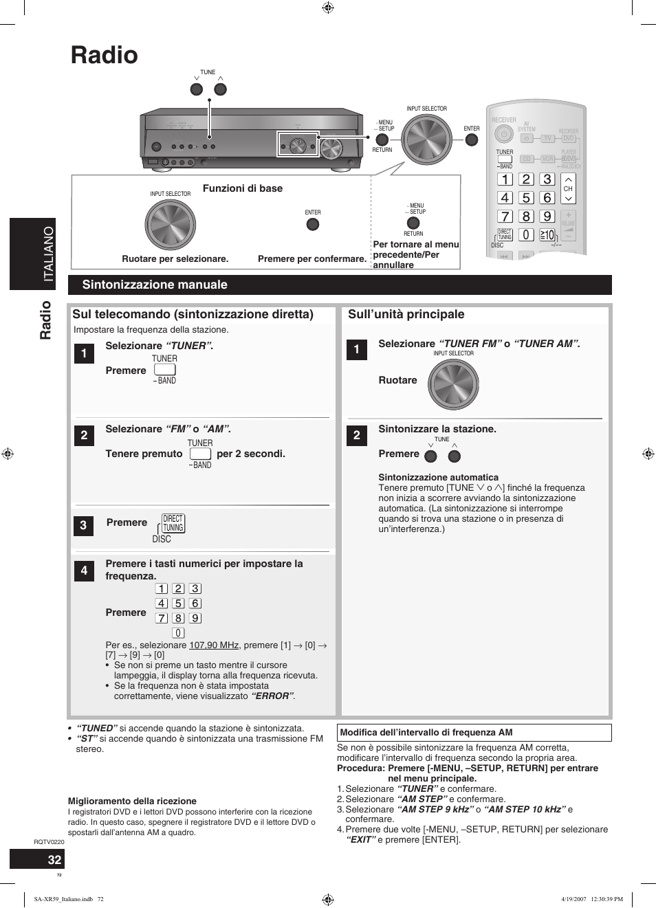 Radio, Italiano, Sull’unità principale | Funzioni di base, Disc | Panasonic SAXR59 User Manual | Page 72 / 120