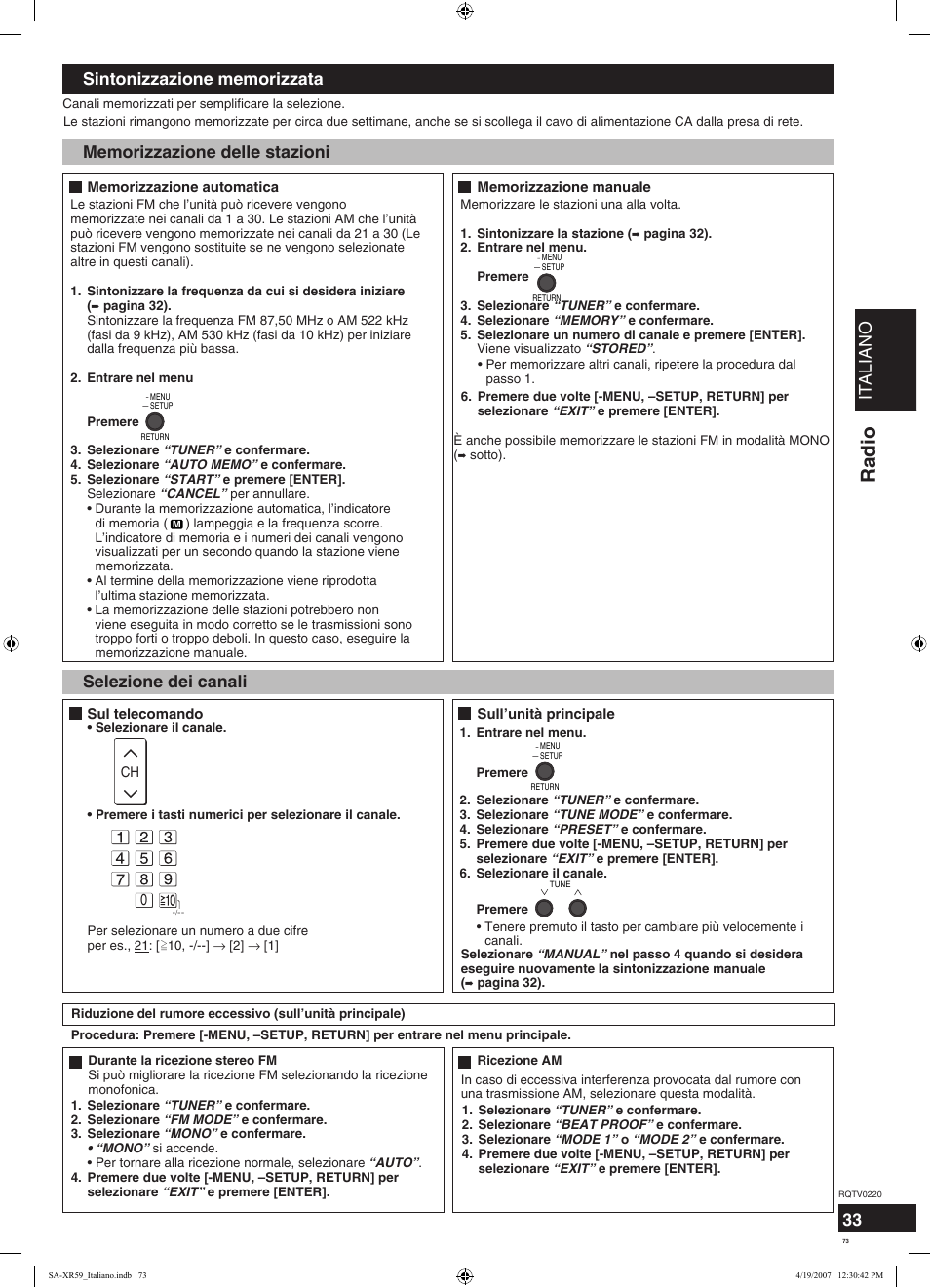 Radio, Italiano, Selezione dei canali | Panasonic SAXR59 User Manual | Page 73 / 120