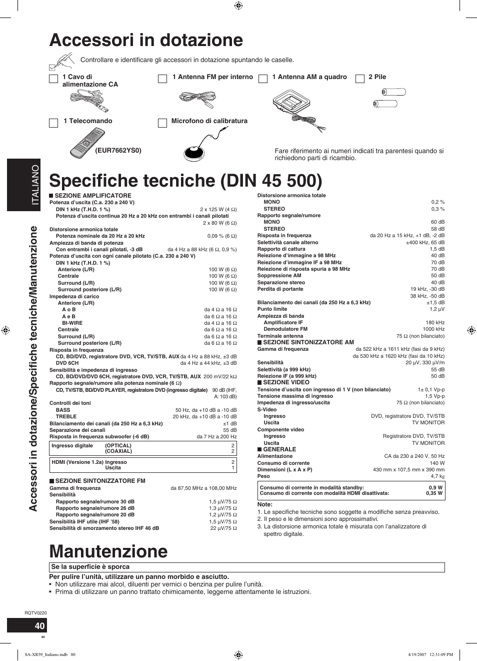 Accessori in dotazione, Manutenzione, Italiano | Panasonic SAXR59 User Manual | Page 80 / 120