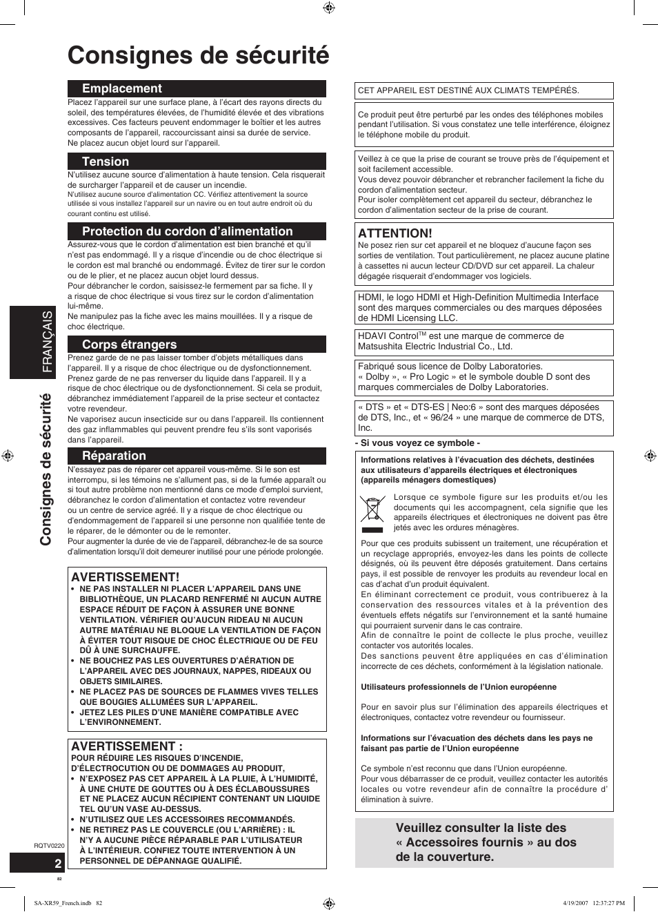 Consignes de sécurité, Français, Emplacement tension | Protection du cordon d’alimentation, Corps étrangers, Réparation, Attention, Avertissement | Panasonic SAXR59 User Manual | Page 82 / 120
