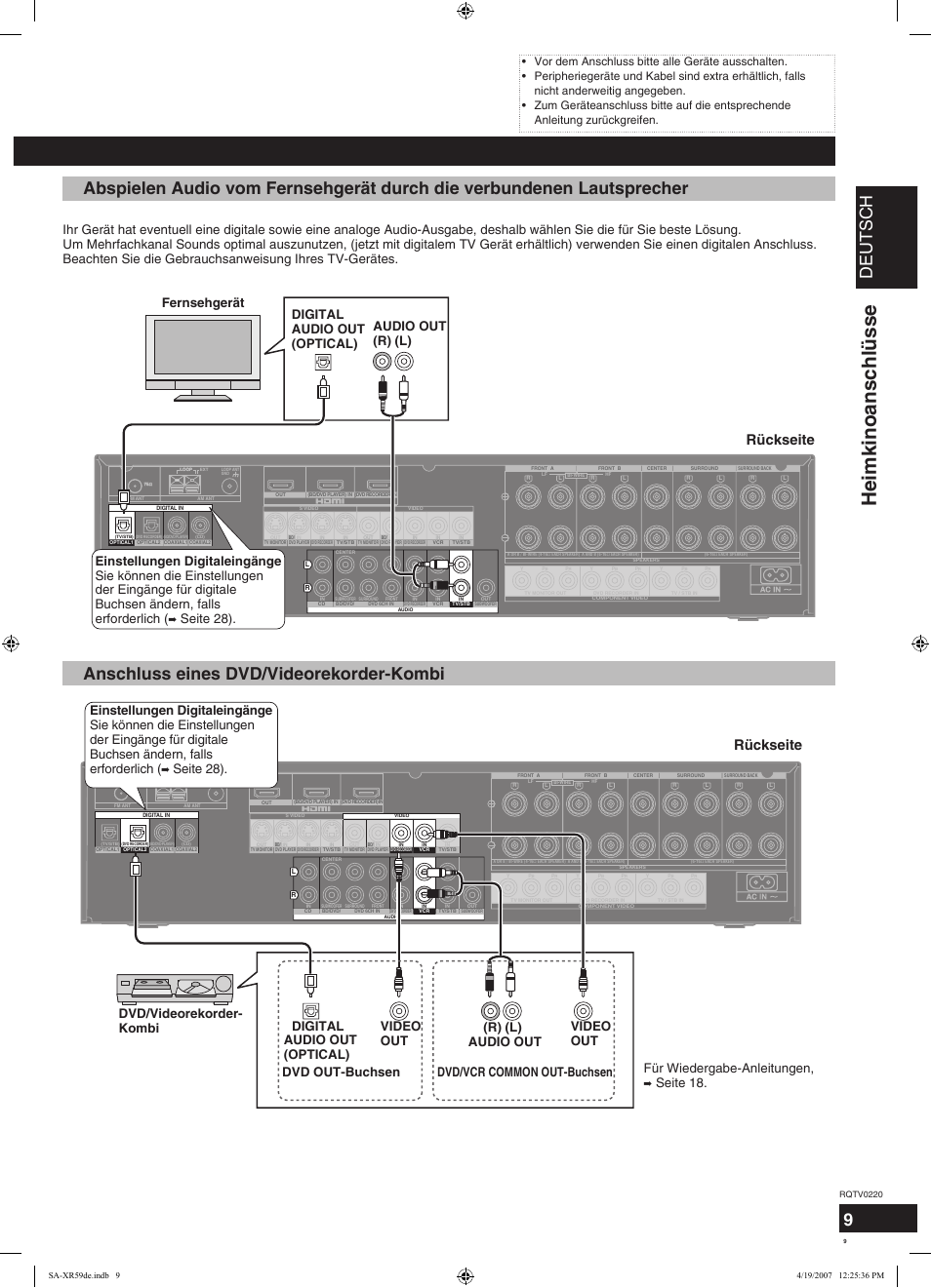 Heimkinoanschlüsse, Deutsch, Anschluss eines dvd/videorekorder-kombi | Anschluss von tv-gerät und dvd-gerät (fortsetzung), Rückseite, Seite 28), Seite 18, Digital (r) (l) | Panasonic SAXR59 User Manual | Page 9 / 120