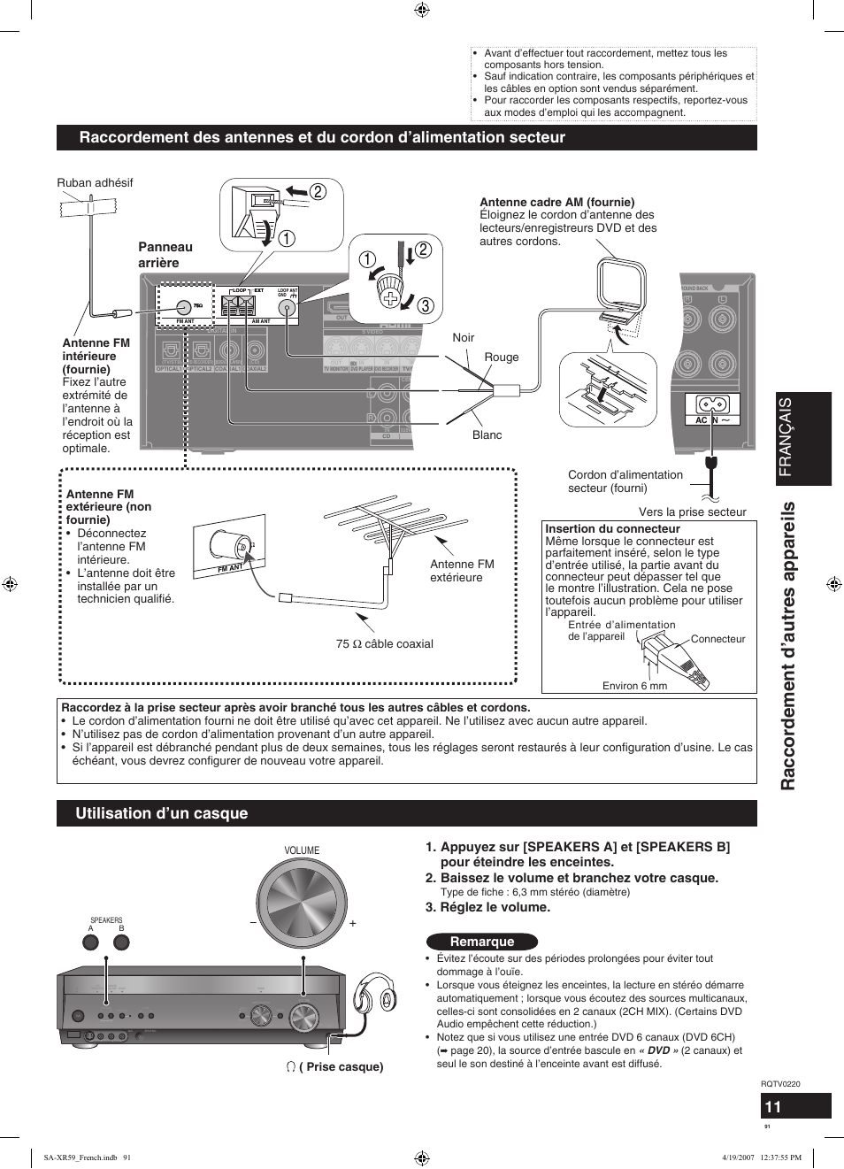 Raccordement d’autres appareils, Français, Utilisation d’un casque | Panneau arrière, Réglez le volume. 1. 2, Remarque, Lecteur cd video out | Panasonic SAXR59 User Manual | Page 91 / 120