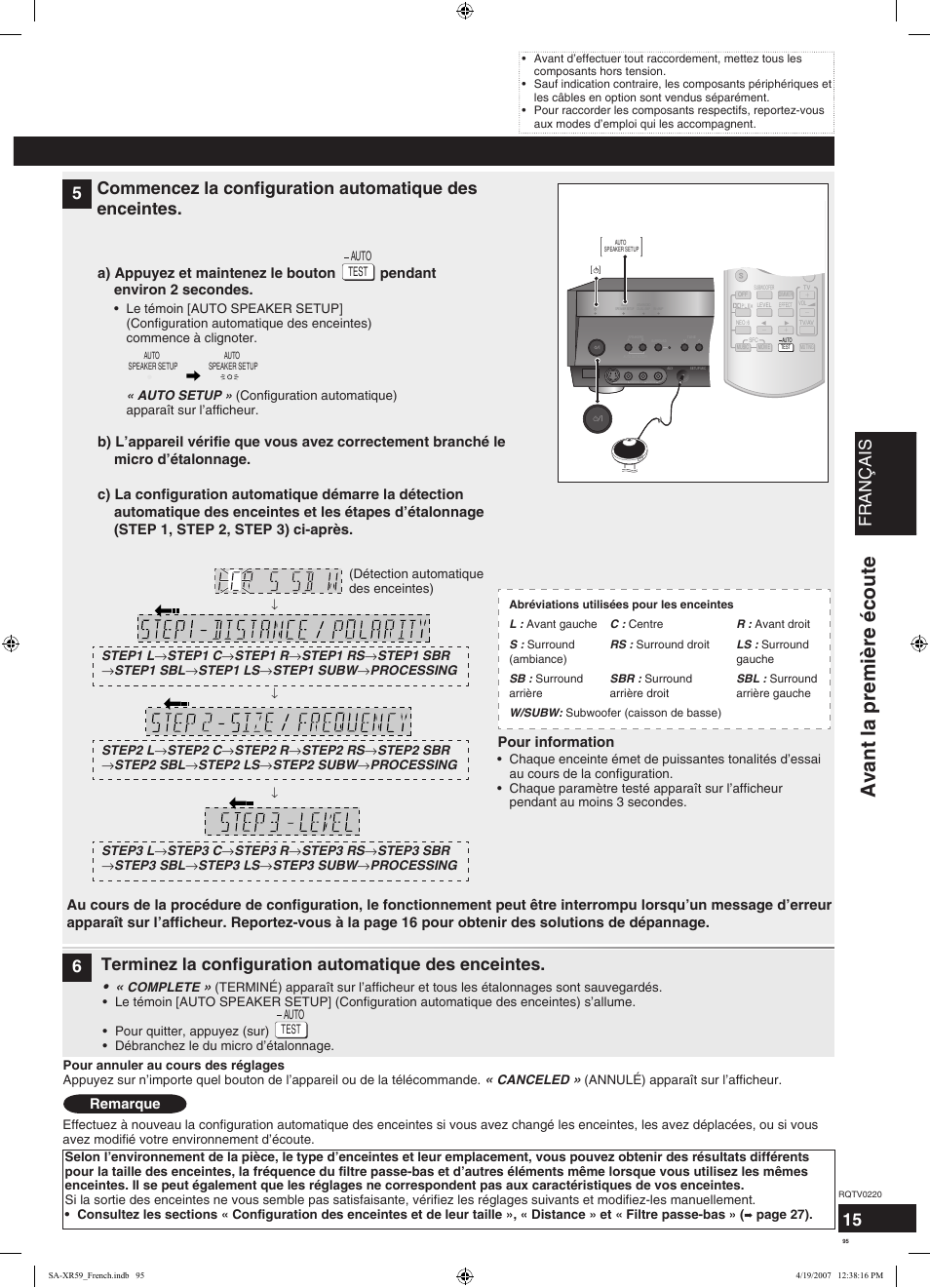 Avant la première écoute, Français, 2pour activer speakers a | Remarque, Pour information, Appuyez sur | Panasonic SAXR59 User Manual | Page 95 / 120