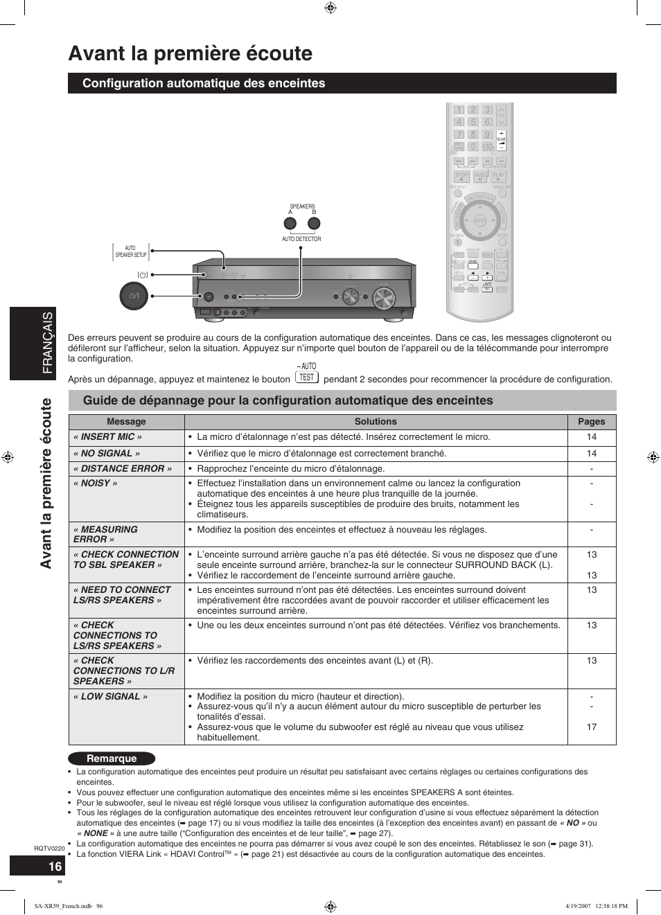 Avant la première écoute, Français, Configuration automatique des enceintes | Remarque | Panasonic SAXR59 User Manual | Page 96 / 120