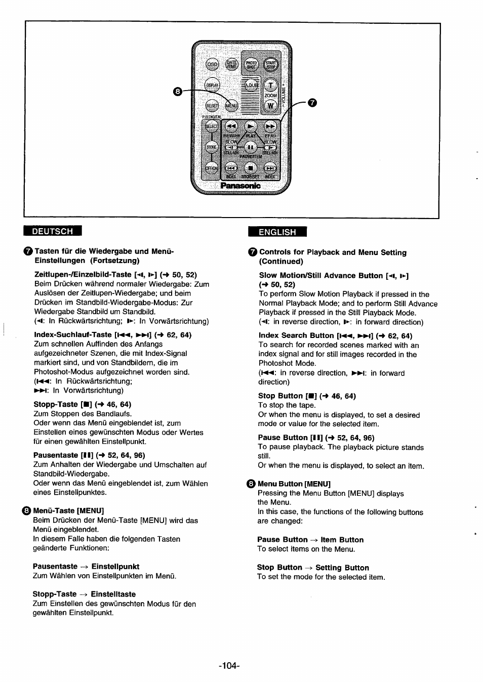 Deutsch, Index-suchiauf-taste (-» 62, 64), O menü-taste [menu | Pausentaste einstellpunkt, Stopp-taste einstelltaste, Menu button [menu, Pause button -> item button, Stop button ^ setting button | Panasonic NVDS33EG User Manual | Page 103 / 193