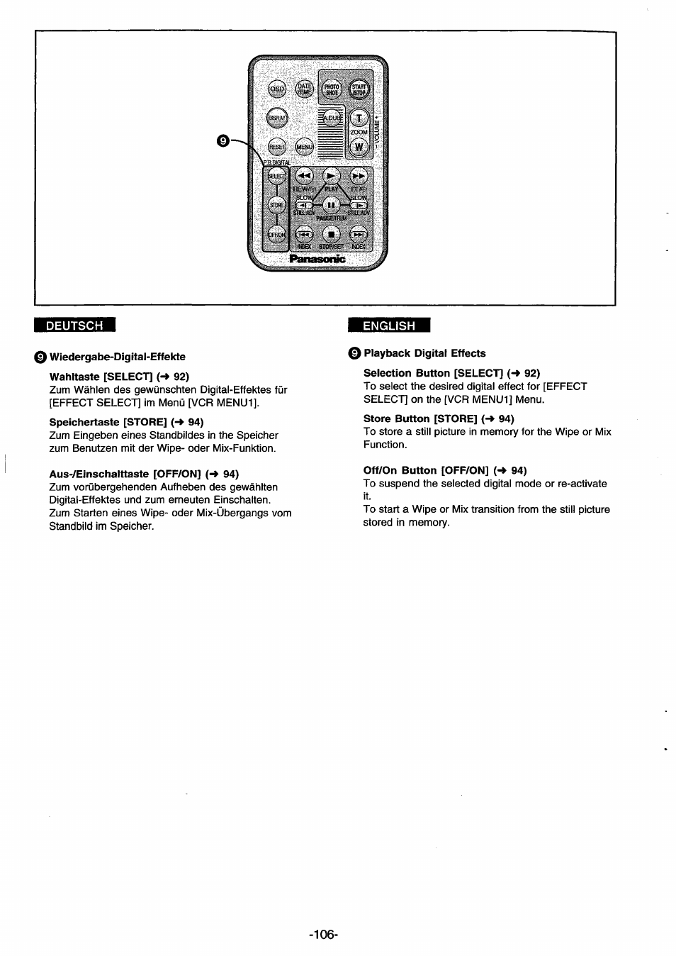 0 wiedergabe-digital-effekte, Aus-/einschalttaste [off/on] (-> 94), 0 playback digital effects | Off/on button [off/on] {-* 94), Wiedergabe-digital-effekte), Playback digital effects) | Panasonic NVDS33EG User Manual | Page 105 / 193