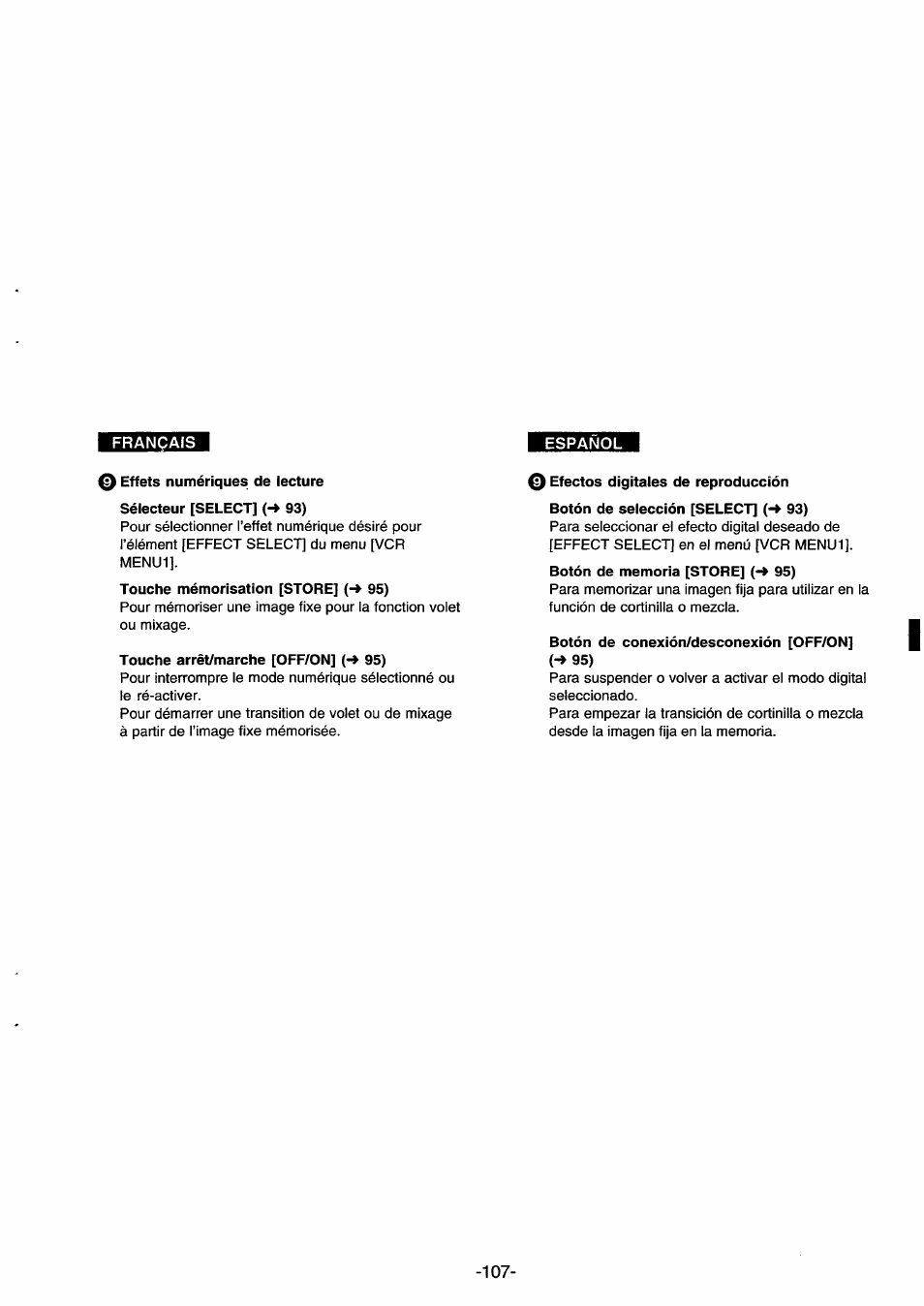 0 effets numériques de lecture, Touche arrêt/marche [off/on] (-* 95), 0 efectos digitales de reproducción | Botón de conexión/desconexión [off/on] (-» 95), Effets numériques de lecture), Efectos digitales de reproducción) | Panasonic NVDS33EG User Manual | Page 106 / 193