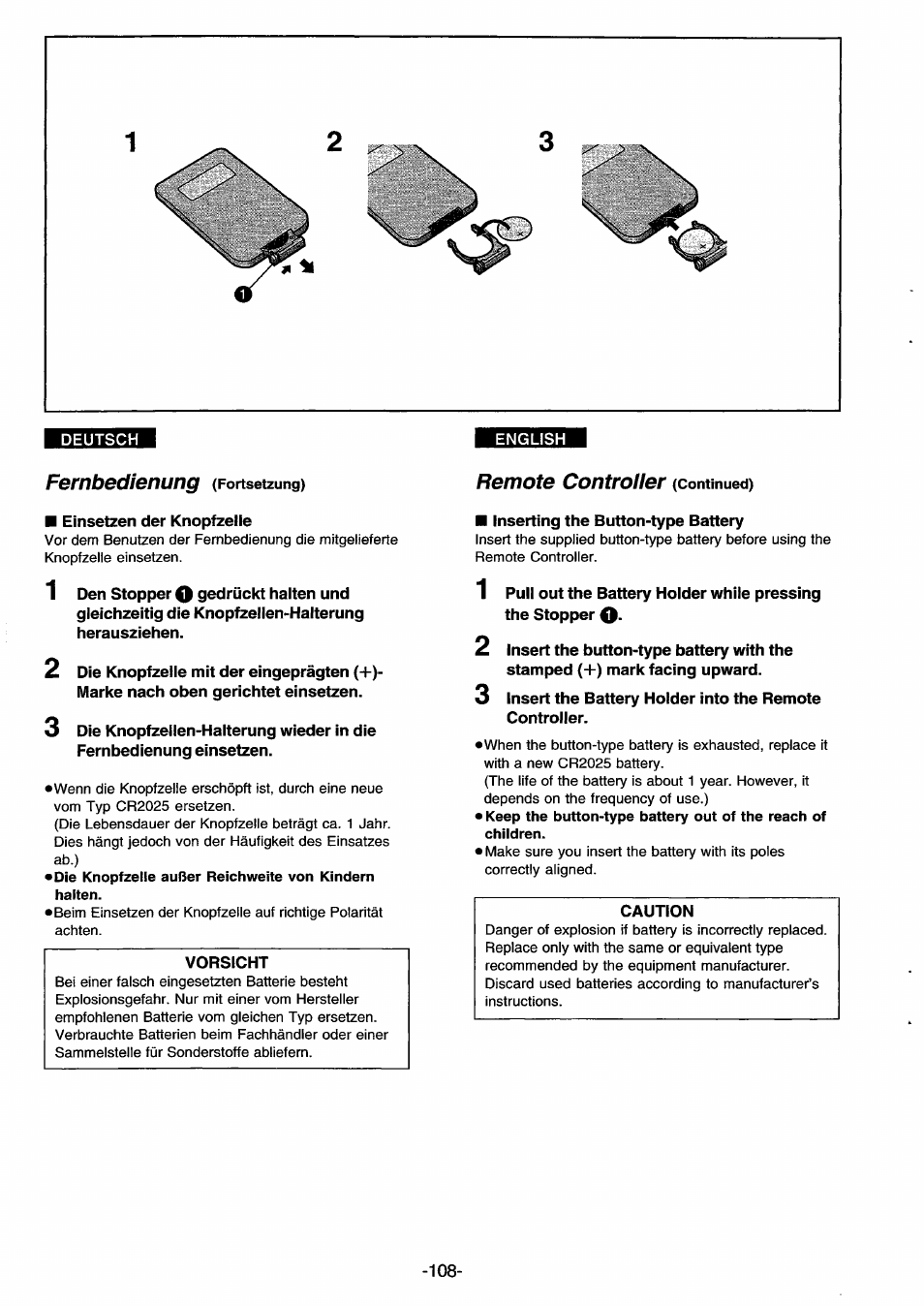 Remote controller (continued), Fernbedienung, Remote controller | Panasonic NVDS33EG User Manual | Page 107 / 193