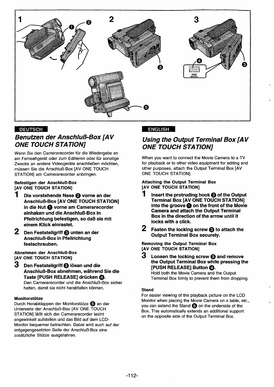 Benutzen der anschluß-box [av one touch station, Befestigen der anschluß-box [av one touch station, Abnehmen der anschluß-box [av one touch station | Monitorstütze, Stand | Panasonic NVDS33EG User Manual | Page 111 / 193