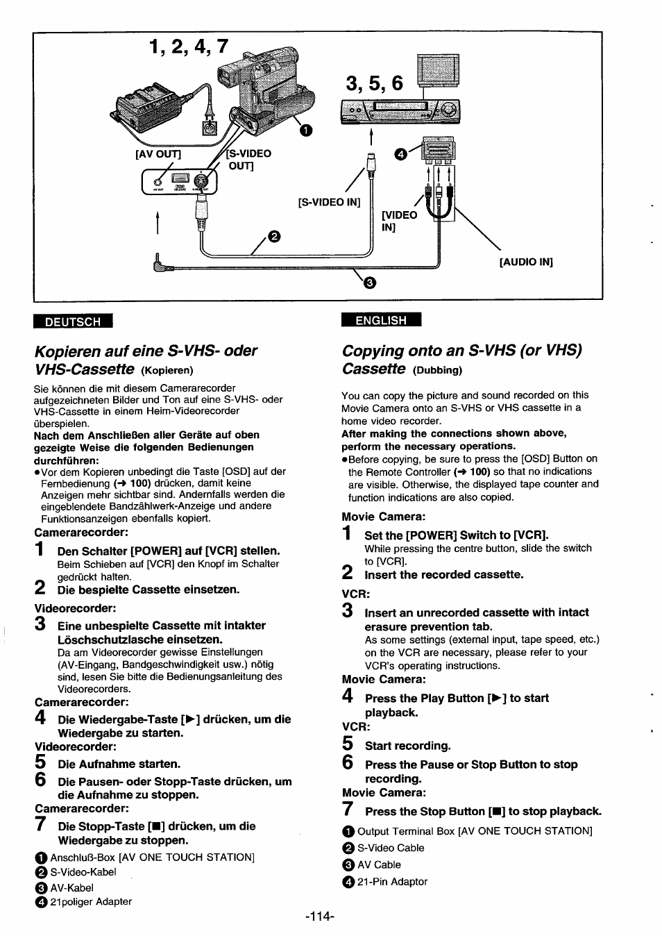 Copying onto an s-vhs (or vhs), Kopieren auf eine s-vhs- oder vhs-cassette, Copying onto an s-vhs (or vhs) cassette | Panasonic NVDS33EG User Manual | Page 113 / 193