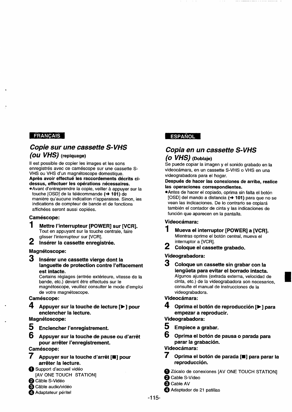 Copie sur une cassette s-vhs, Copia en un cassette s-vhs (o vhs) (doblaje), Copie sur une cassette s-vhs (ou vhs) | Copia en un cassette s-vhs (o vhs) | Panasonic NVDS33EG User Manual | Page 114 / 193