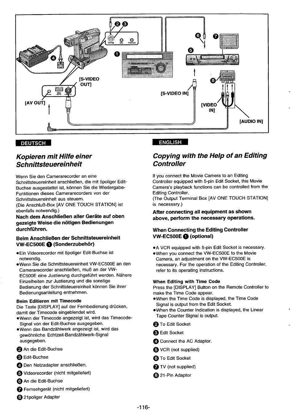 Kopieren mit hilfe einer schnittsteuereinheit, Beim editieren mit timecode, Copying with the help of an editing controller | When editing with time code | Panasonic NVDS33EG User Manual | Page 115 / 193