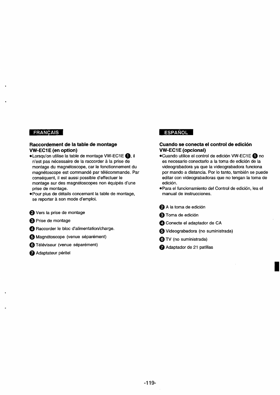 Raccordement de la table de montage, Vw-ec1e (en option), Cuando se conecta el control de edición | Vw-ec1e (opcional) | Panasonic NVDS33EG User Manual | Page 118 / 193