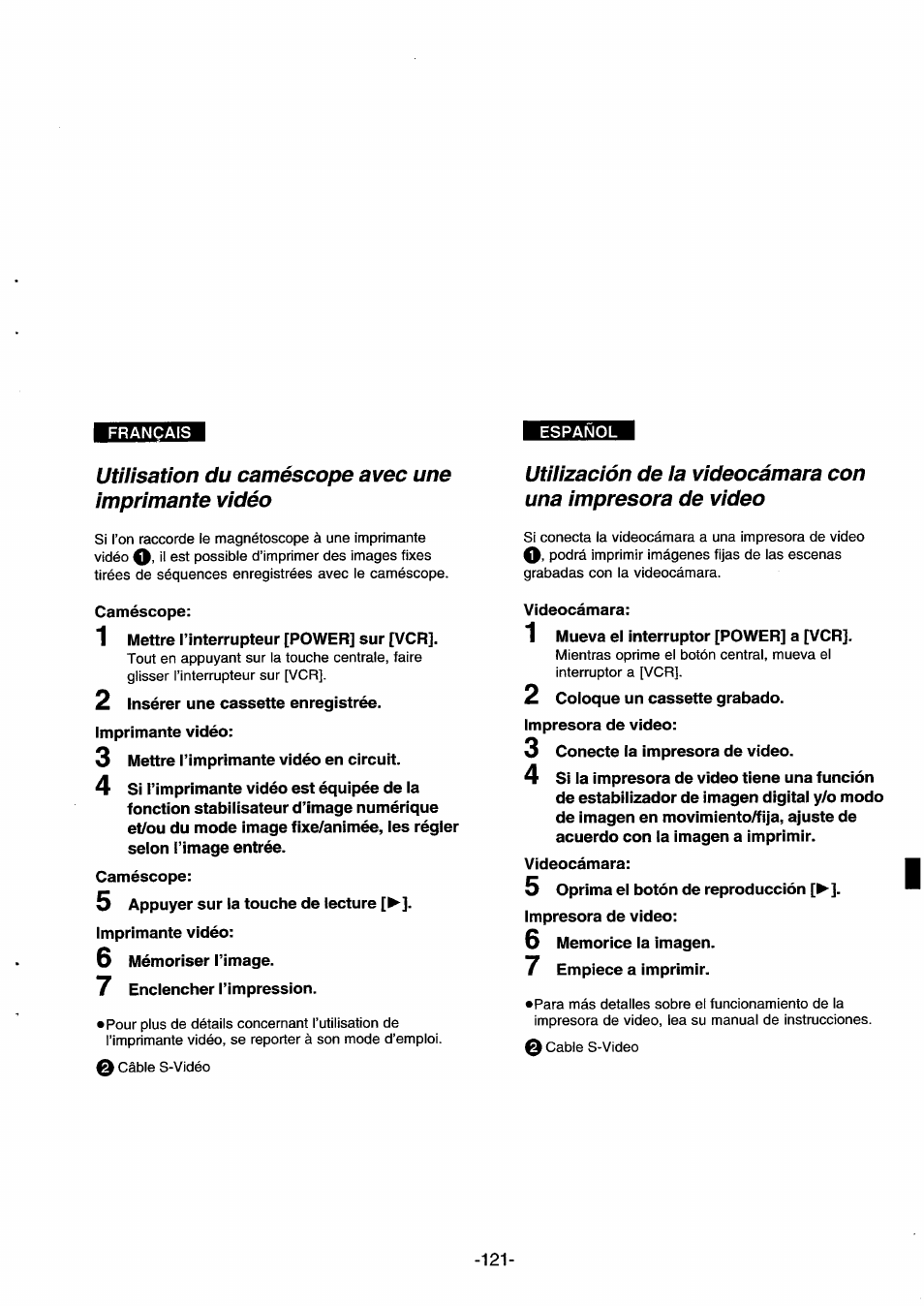 Utilisation du caméscope avec une imprimante vidéo | Panasonic NVDS33EG User Manual | Page 120 / 193