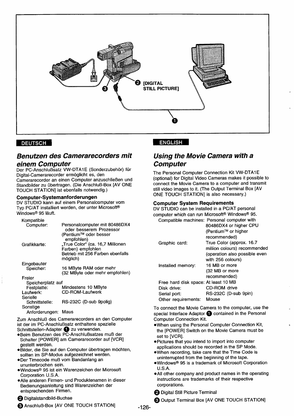 Deutsch, English, Benutzen des camerarecorders mit einem computer | Com puter-systemanf order u ngen, Using the movie camera with a computer, Computer system requirements | Panasonic NVDS33EG User Manual | Page 125 / 193