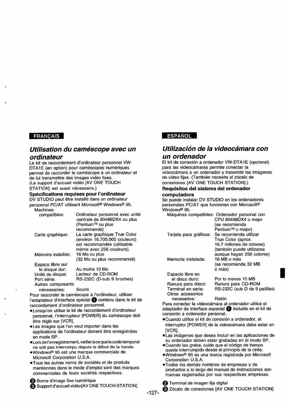 Utilisation du caméscope avec un ordinateur, Utilización de la videocámara con un ordenador | Panasonic NVDS33EG User Manual | Page 126 / 193