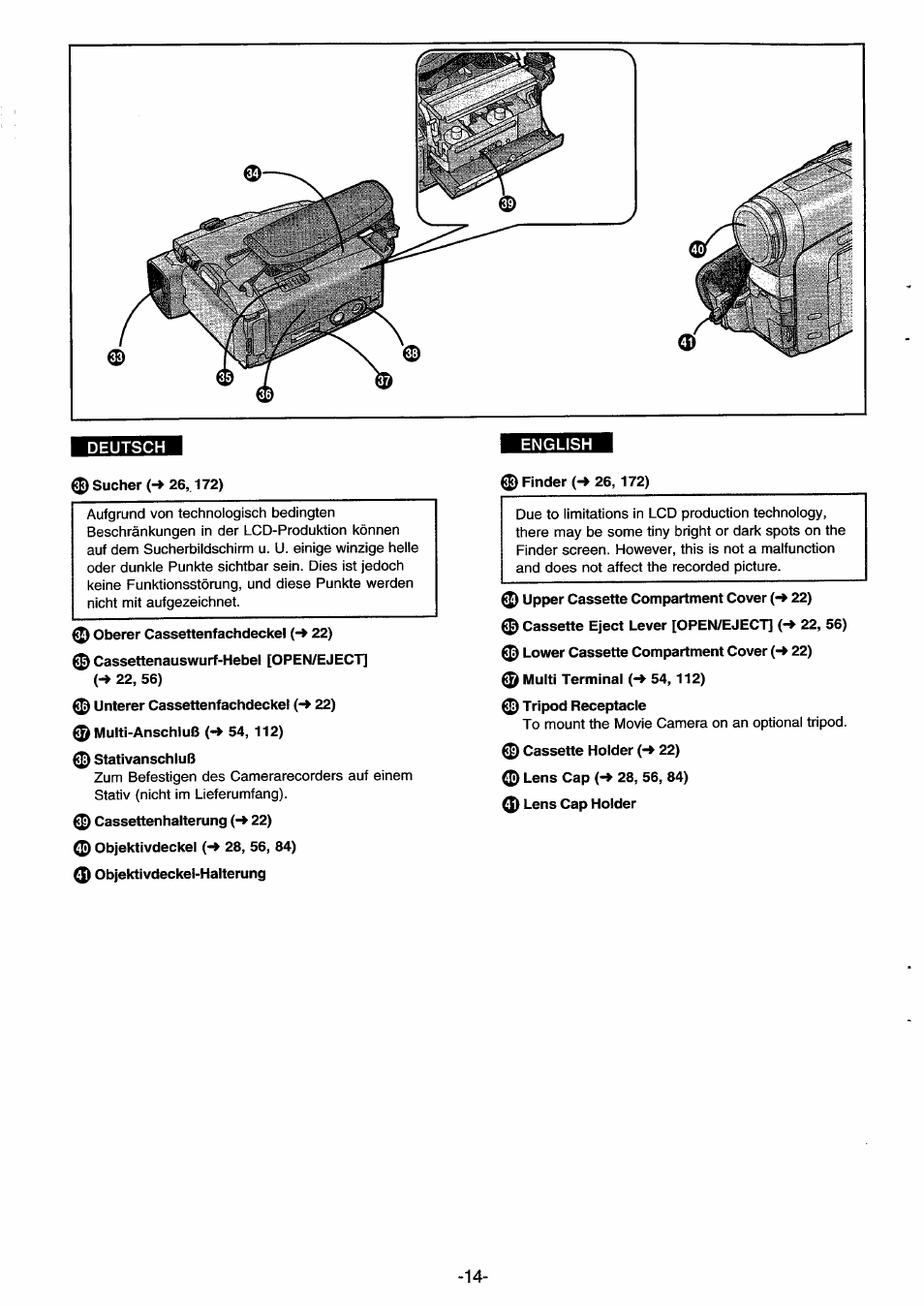0 sucher (-> 26, 172), 0 oberer cassettenfachdeckel {-* 22), 0 cassettenauswurf-hebel [open/ejectj (-♦ 22, 56) | 0 unterer cassettenfachdeckel 22), 0 multi-anschluß (•* 54, 112), 0 stativanschluß, 0 cassettenhalterung (-» 22), 0 objektivdeckel (-^ 28, 56, 84), 0 objektivdeckel-halterung, 0 upper cassette compartment cover (-* 22) | Panasonic NVDS33EG User Manual | Page 13 / 193
