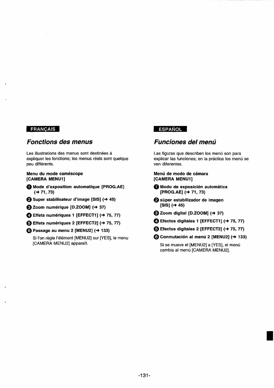 Fonctions des menus, Funciones dei menú, Funciones del menú | Panasonic NVDS33EG User Manual | Page 130 / 193