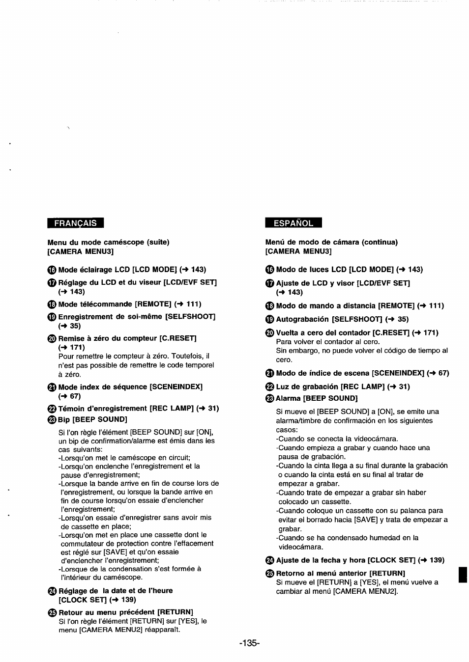 Menu du mode caméscope (suite), Camera menus, Ф mode éclairage lcd [lcd mode] {•* 143) | 0mode télécommande [remote] 111), Menú de modo de cámara (continua), Camera menu3, 0modo de luces lcd [lcd mode] (-> 143), 0 vueita a cero del contador [c.reset] (->171), 0aiarma [beep sound, 0 ajuste de la fecha y hora [clock set] {-* 139) | Panasonic NVDS33EG User Manual | Page 134 / 193