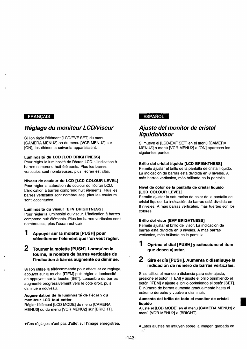 Réglage du moniteur lcd/viseur, Luminosité du lcd [lcd brightness, Niveau de couleur du lcd [lcd colour level | Luminosité du viseur [efv brightness, Ajuste del monitor de cristal líquido/visor, Brillo del cristal líquido [lcd brightness, Brillo del visor [evf brightness | Panasonic NVDS33EG User Manual | Page 142 / 193