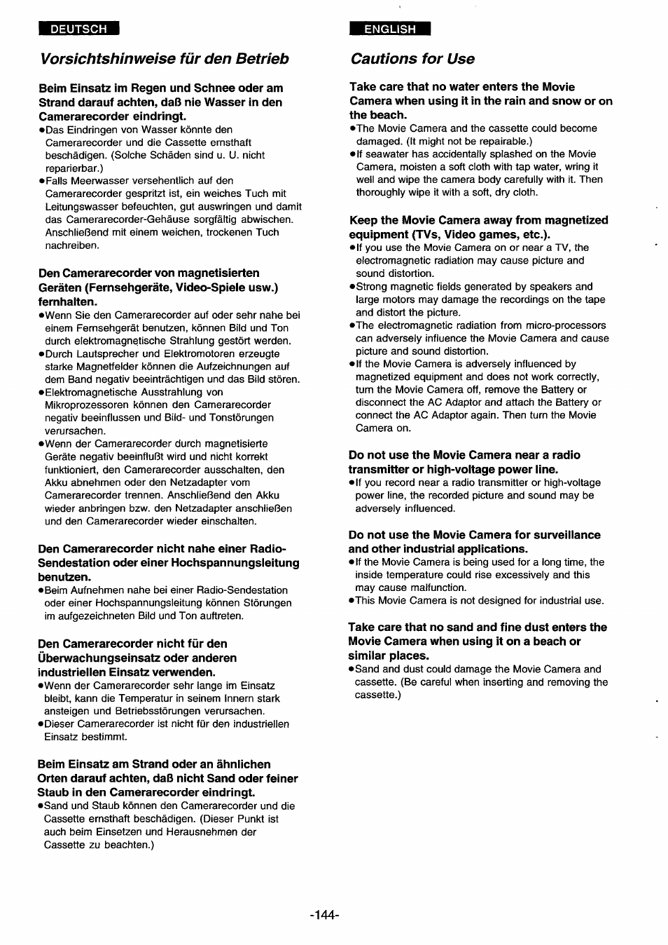 Vorsichtshinweise für den betrieb, Vorsichtshinweise für den betrieb cautions for use | Panasonic NVDS33EG User Manual | Page 143 / 193