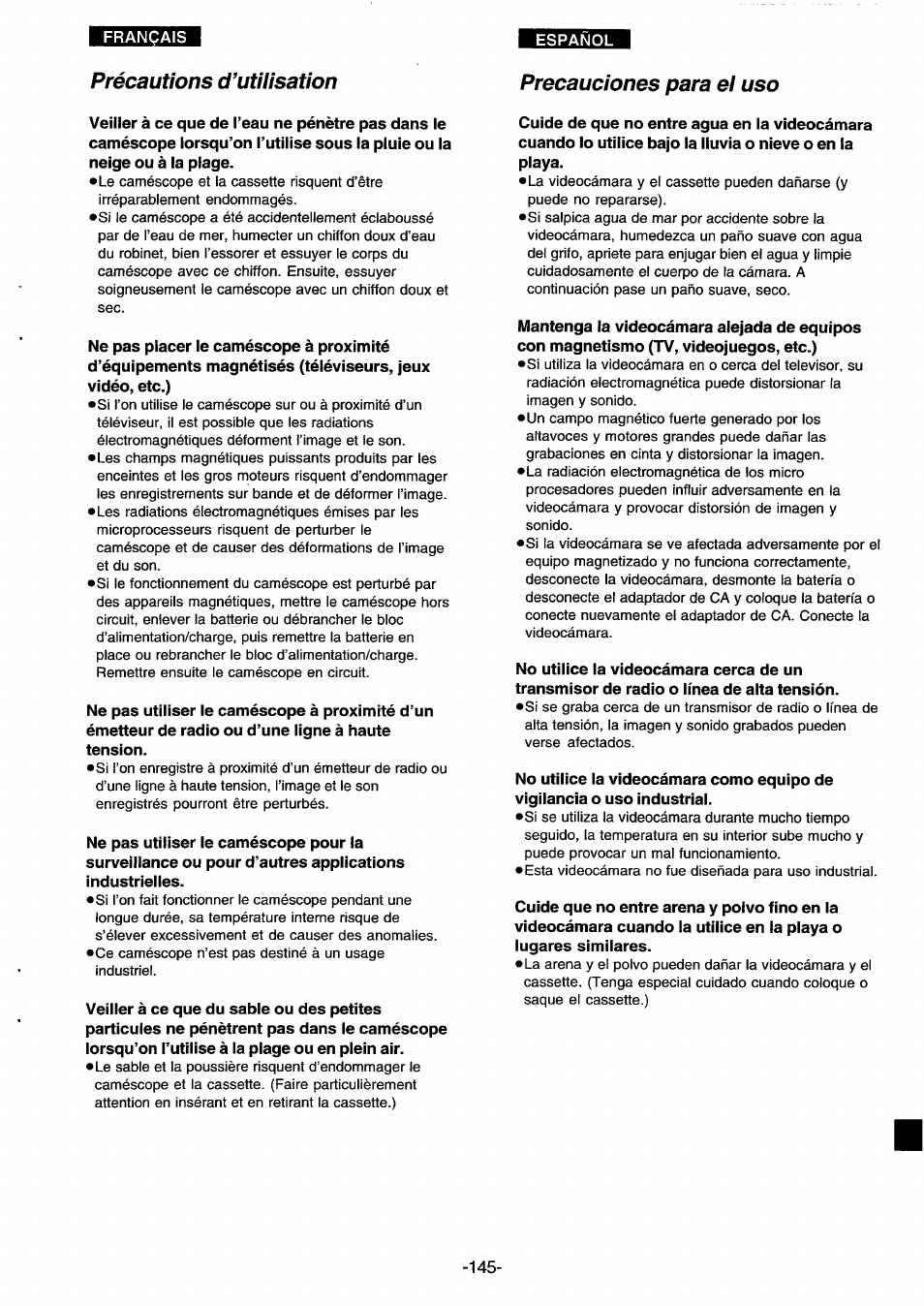 Précautions d’utilisation, Precauciones para el uso | Panasonic NVDS33EG User Manual | Page 144 / 193