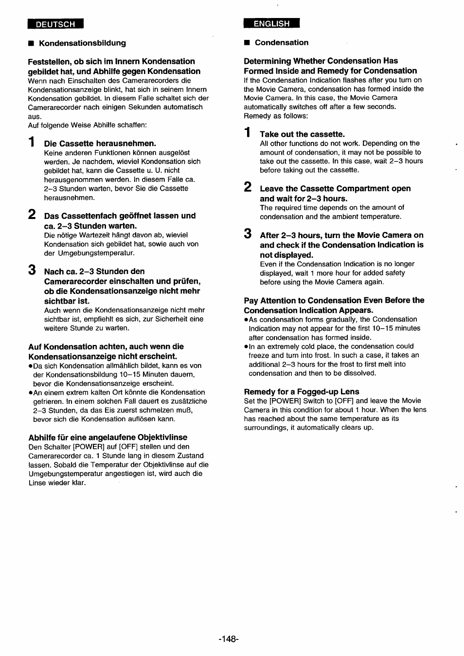Kondensationsbildung, Die nötige | Panasonic NVDS33EG User Manual | Page 147 / 193