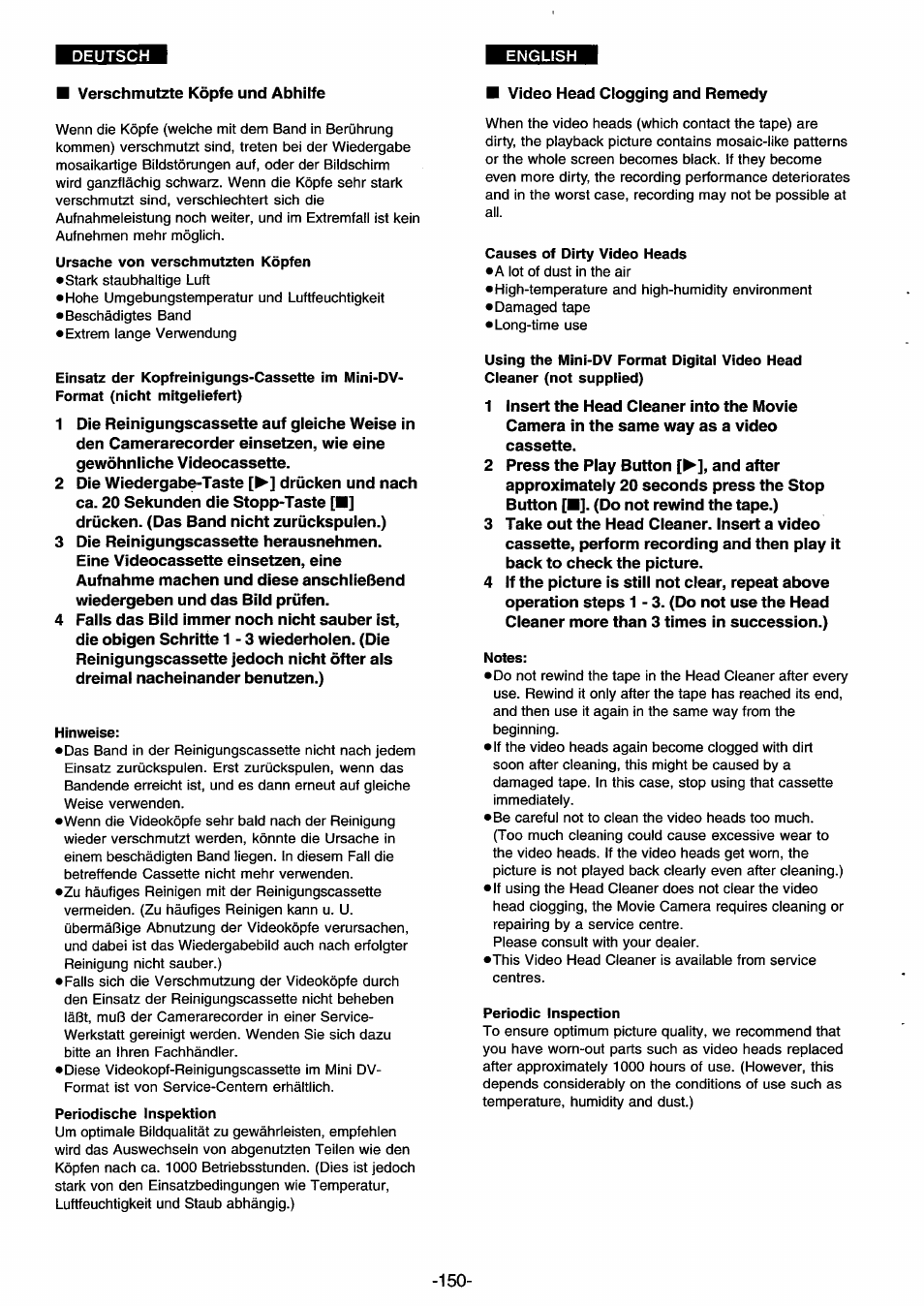 Hinweise, Causes of dirty video heads, Notes | Periodic inspection | Panasonic NVDS33EG User Manual | Page 149 / 193