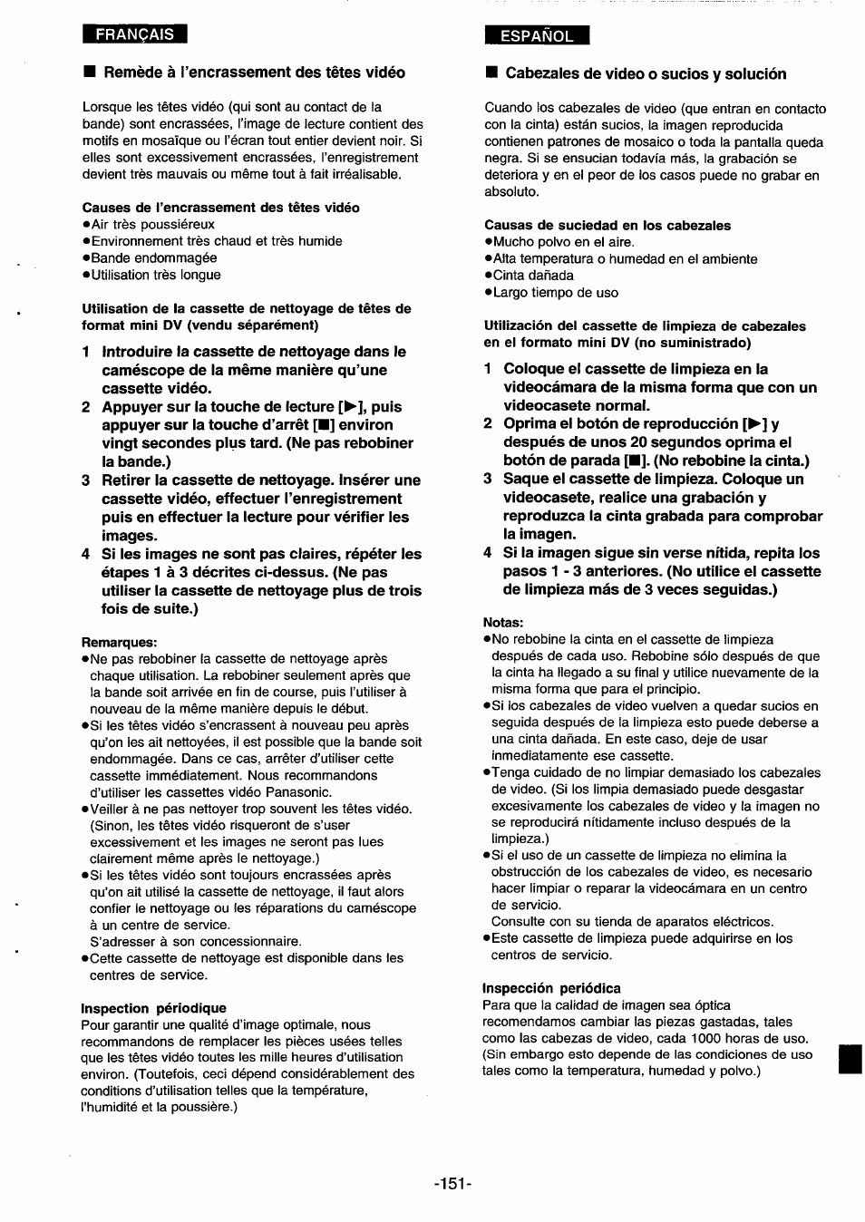 Causes de l’encrassement des têtes vidéo, Remarques, Inspection périodique | Notas, Inspección periódica | Panasonic NVDS33EG User Manual | Page 150 / 193