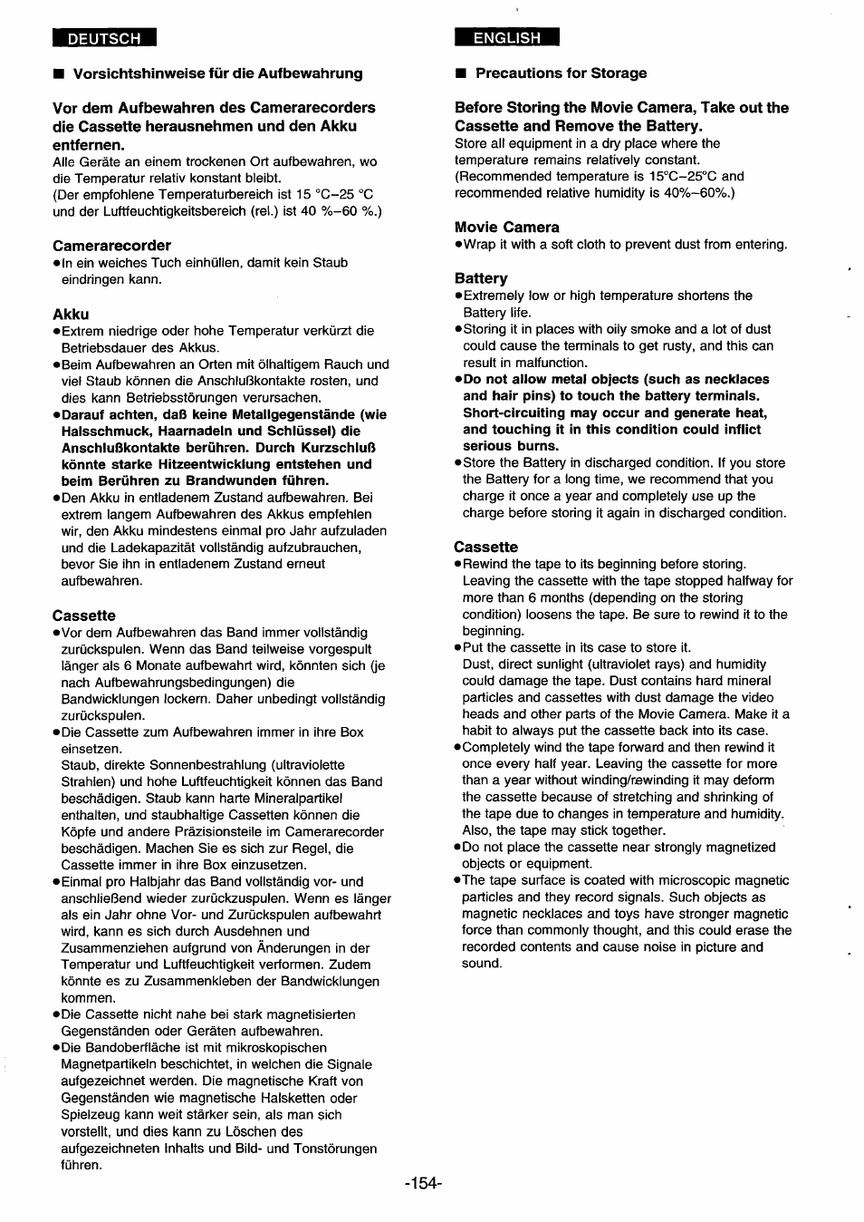 Vorsichtshinweise für die aufbewahrung, Camerarecorder, Akku | Cassette, Precautions for storage, Before storing the movie camera, take out the, Cassette and remove the battery, Movie camera, Battery | Panasonic NVDS33EG User Manual | Page 153 / 193