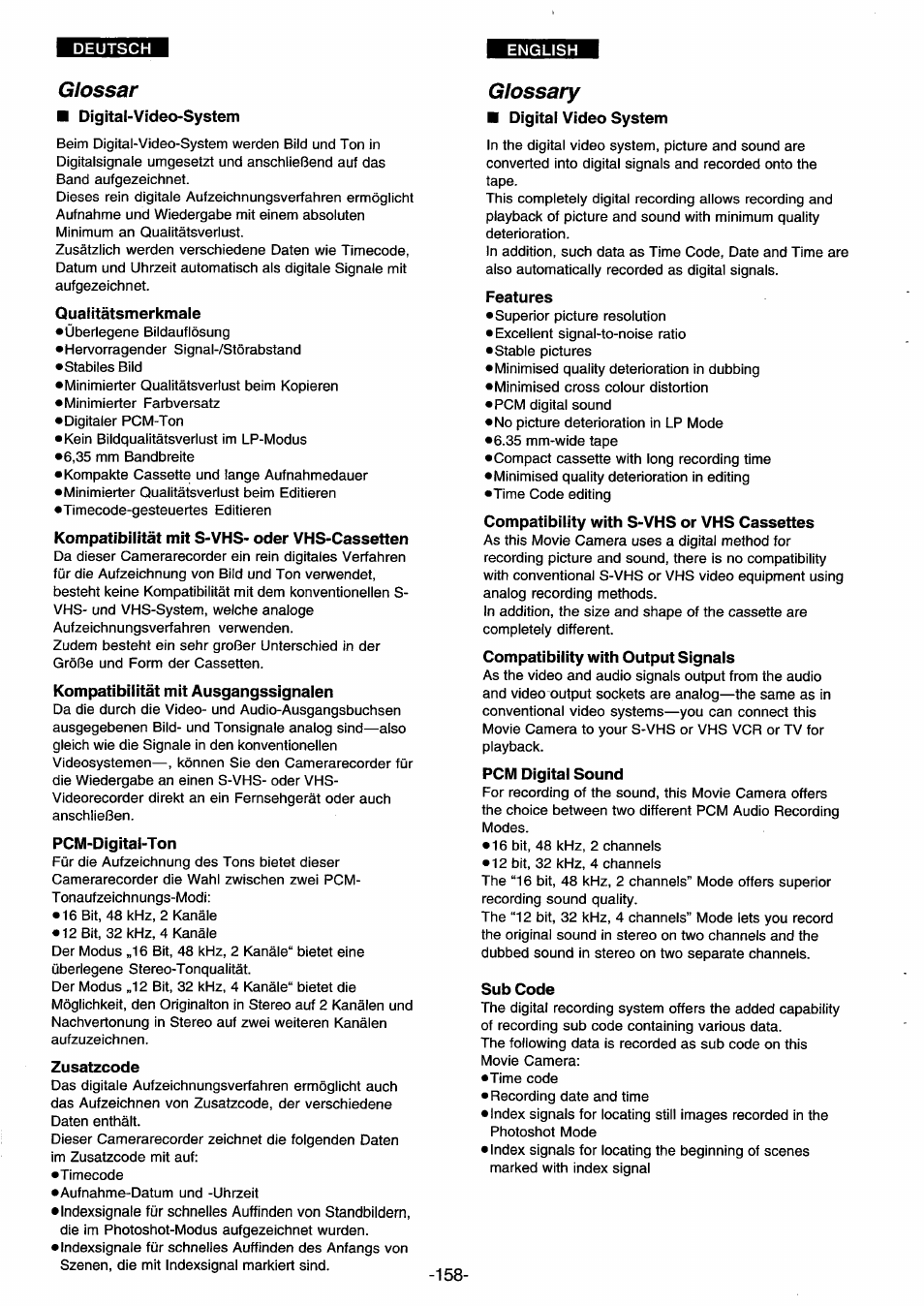 Glossar, Digital-video-system, Quaiitätsmerkmale | Kompatibilität mit s-vhs- oder vhs-cassetten, Kompatibilität mit ausgangssignalen, Pcm-digital-ton, Zusatzcode, Glossary, Digital video system, Features | Panasonic NVDS33EG User Manual | Page 157 / 193