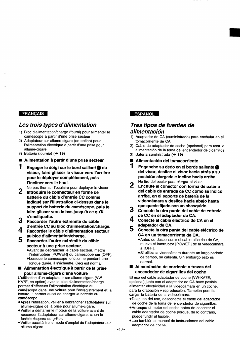 Les trois types d’alimentation, Tres tipos de fuentes de alimentación | Panasonic NVDS33EG User Manual | Page 16 / 193