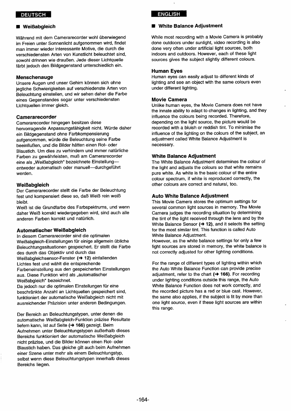 Weißabgleich, Menschenauge, Camerarecorder | Automatischer weißabgleich, White balance adjustment, Human eyes, Movie camera, Auto white balance adjustment, Weißabgleich), Findet | Panasonic NVDS33EG User Manual | Page 163 / 193