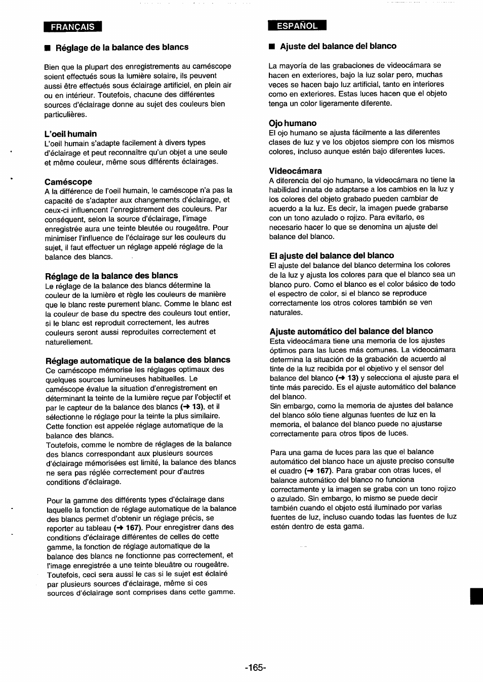 Réglage de la balance des blancs, L’oeil humain, Caméscope | Réglage automatique de la balance des blancs, Ajuste del balance del blanco, Ojo humano, Videocámara, El ajuste del balance del blanco, Ajuste automático del balance del blanco | Panasonic NVDS33EG User Manual | Page 164 / 193