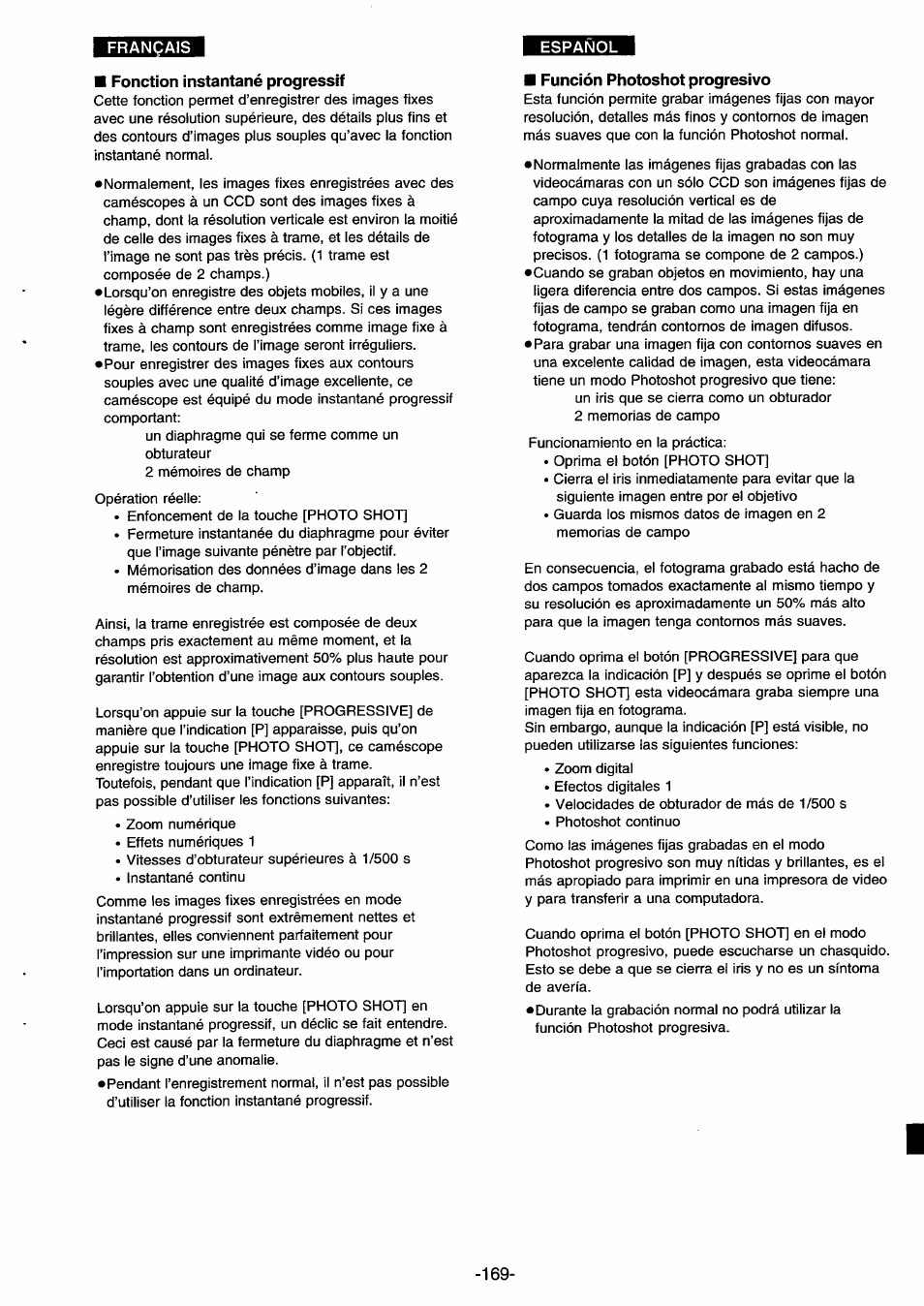 Fonction instantané progressif, Función photoshot progresivo | Panasonic NVDS33EG User Manual | Page 168 / 193