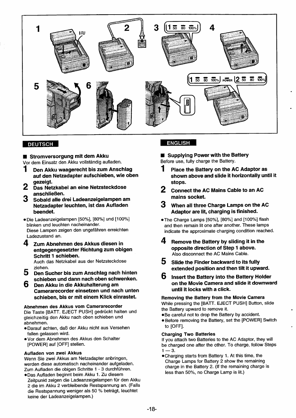 Abnehmen des akkus vom camerarecorder, Aufladen von zwei akkus, Ioo%j | I50%j | Panasonic NVDS33EG User Manual | Page 17 / 193