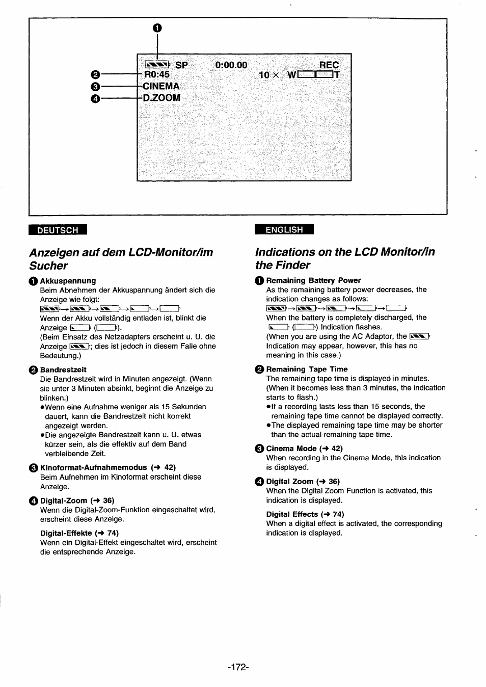 Deutsch, Anzeigen auf dem lcd-monitor/im sucher, Indications on the lcd monitor/in the finder | Panasonic NVDS33EG User Manual | Page 171 / 193