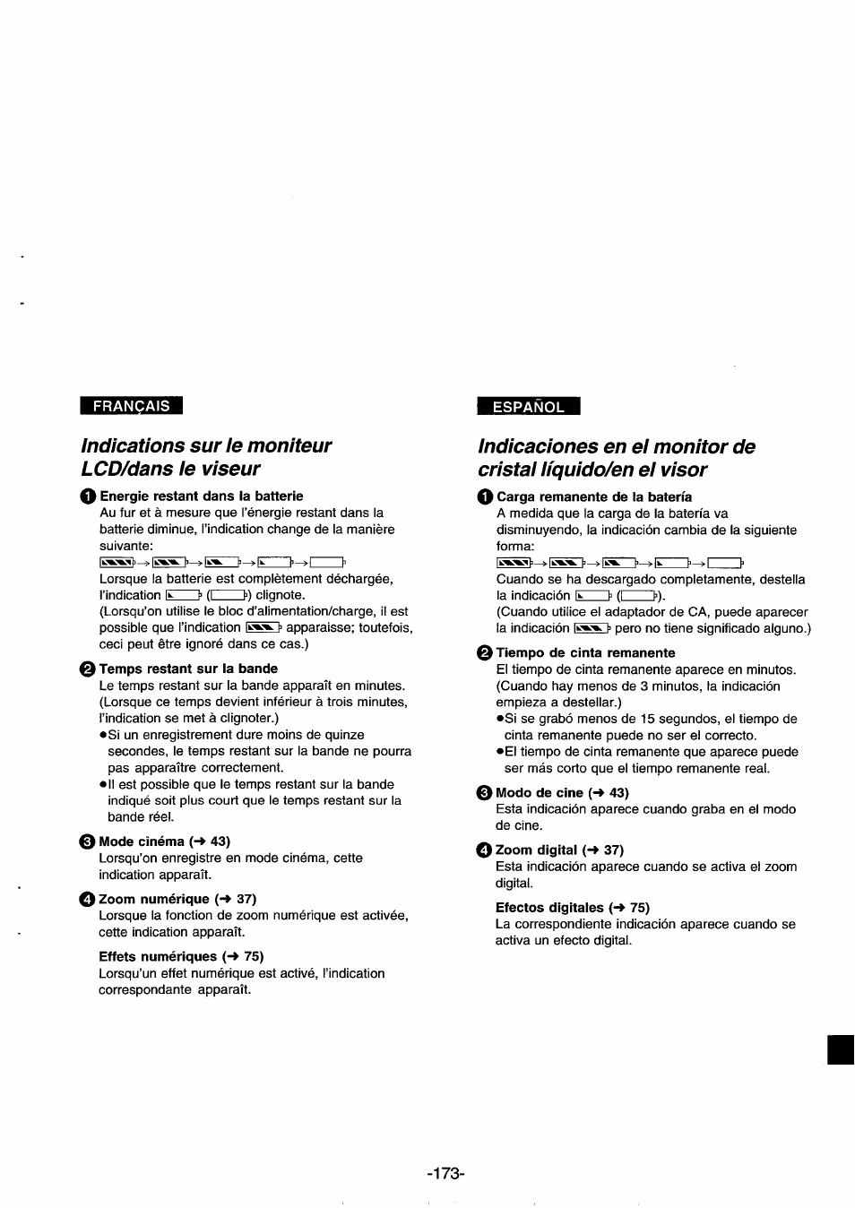 Indications sur le moniteur lcd/dans le viseur, 0 temps restant sur la bande, 0 tiempo de cinta remanente | 0 zoom digital (-• 37) | Panasonic NVDS33EG User Manual | Page 172 / 193