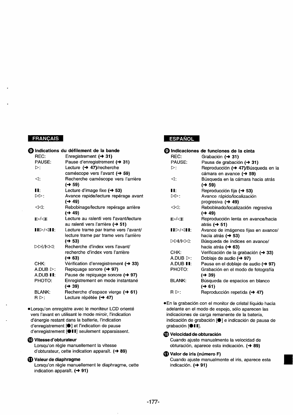 0 indications du défilement de la bande, 0 vitesse d’obturateur, 0 valeur de diaphragme | De funciones de la cinta, 0 velocidad de obturación, 0 valor de iris (número f) | Panasonic NVDS33EG User Manual | Page 176 / 193