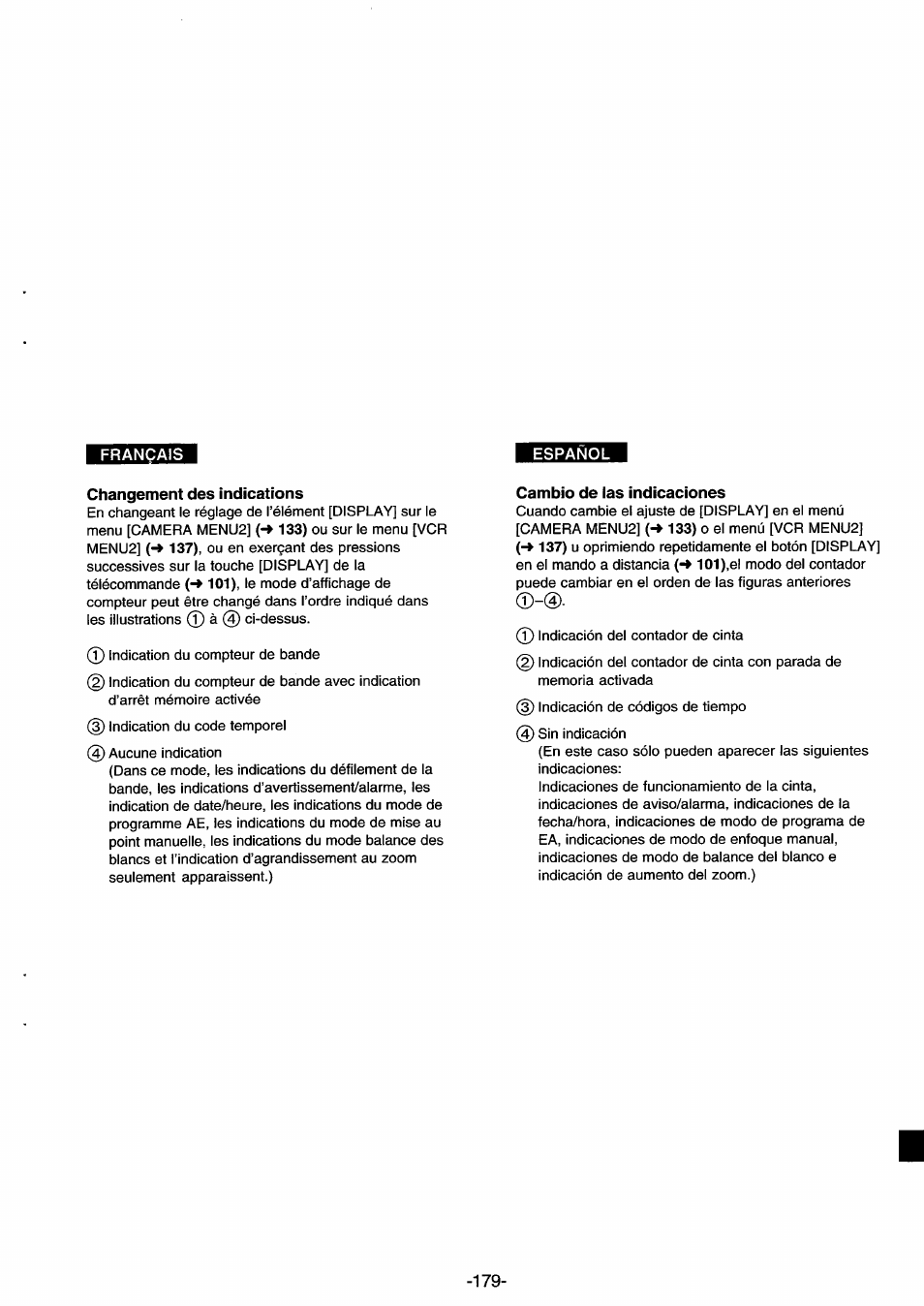 Changement des indications, Cambio de las indicaciones | Panasonic NVDS33EG User Manual | Page 178 / 193