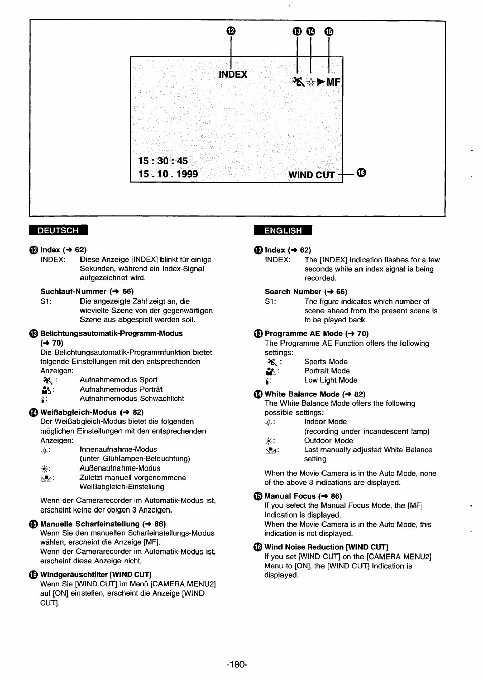 0 index 62), 0 belichtungsautomatik-programm-modus (-♦ 70), 0 weißabgleich-modus {-* 82) | 0 manuelle scharfeinstellung (-» 86), 0 windgeräuschfilter [wind cut, 0 index {-* 62), 0 programme ae mode (-> 70), 0 white balance mode 82), 0 manual focus (-^ 86), 0 wind noise reduction [wind cut | Panasonic NVDS33EG User Manual | Page 179 / 193