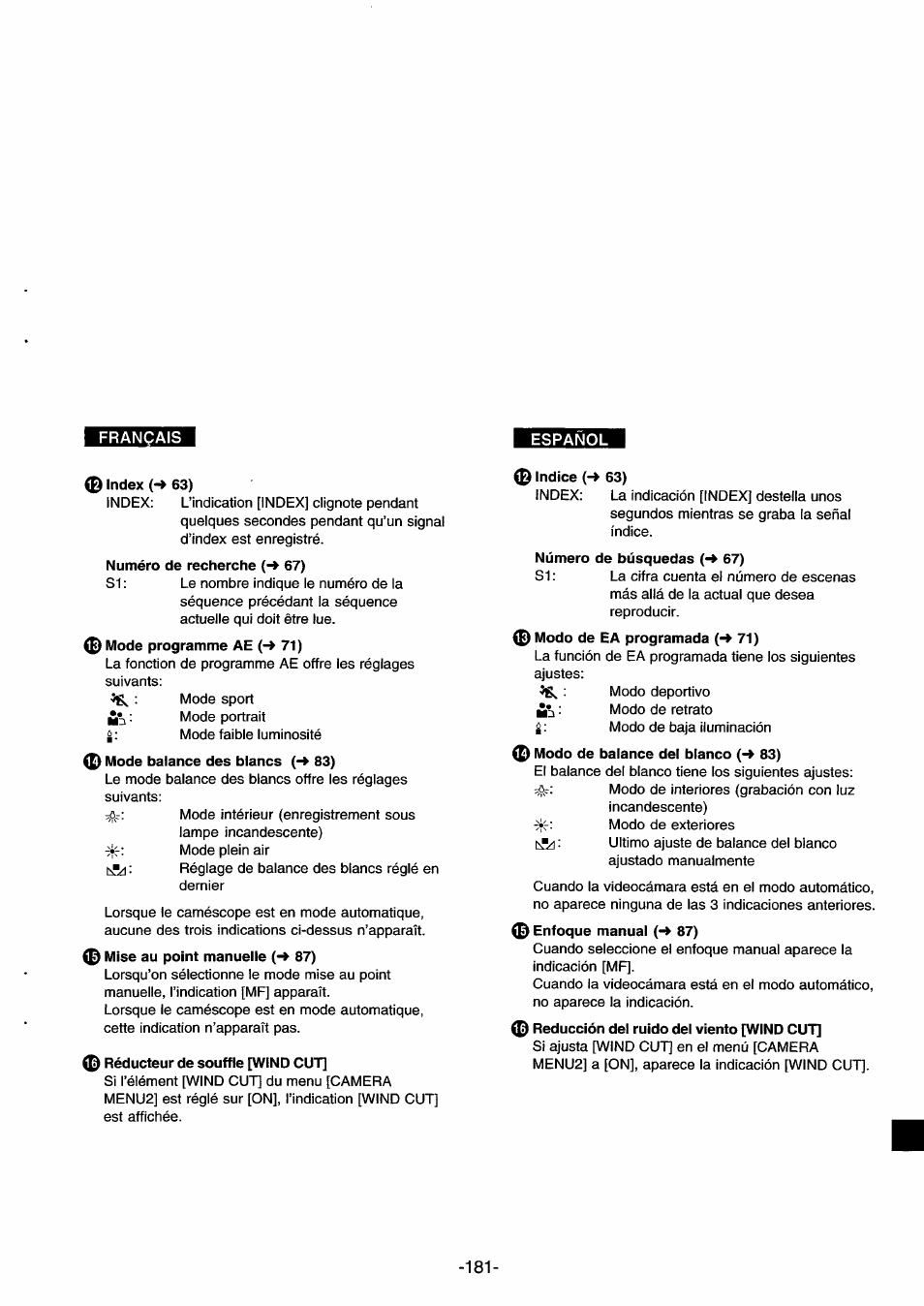 0 index (-» 63), 0 mode programme ae (-> 71), 0 mode balance des blancs (-* 83) | 0 mise au point manuelle (-» 87), 0 réducteur de souffle [wind cut, 0 indice (-> 63), 0 modo de ea programada (-* 71), 0 modo de balance del blanco 83), 0 reducción del ruido del viento [wind cut, Mise au point manuelle) | Panasonic NVDS33EG User Manual | Page 180 / 193