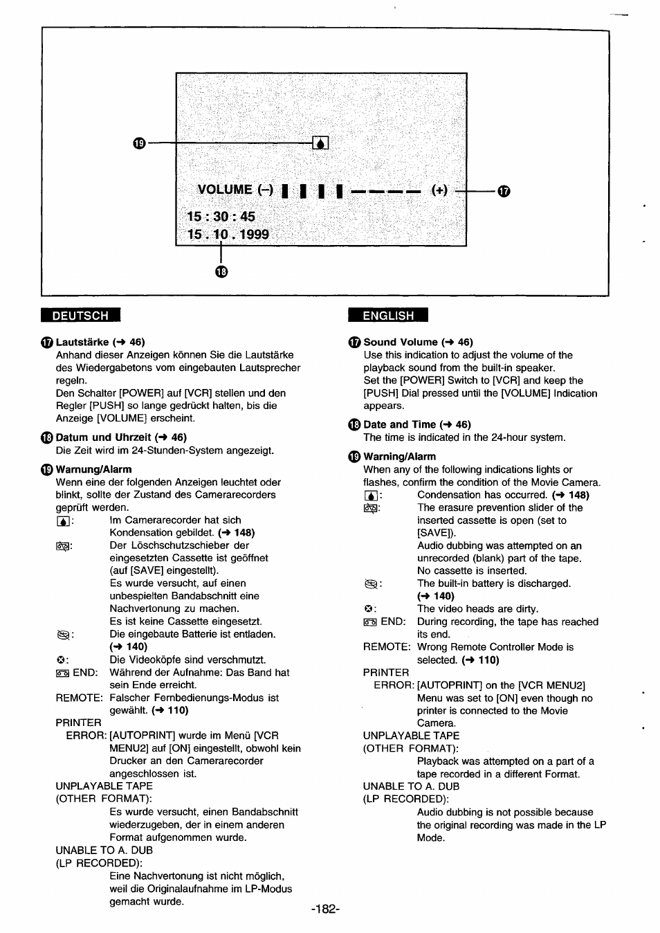 Deutsch, 0 lautstärke (-* 46), 0 datum und uhrzeit {-* 46) | 0 warnung/alarm, 0 sound volume (-» 46), 0 date and time (-» 46), 0 warning/alarm | Panasonic NVDS33EG User Manual | Page 181 / 193