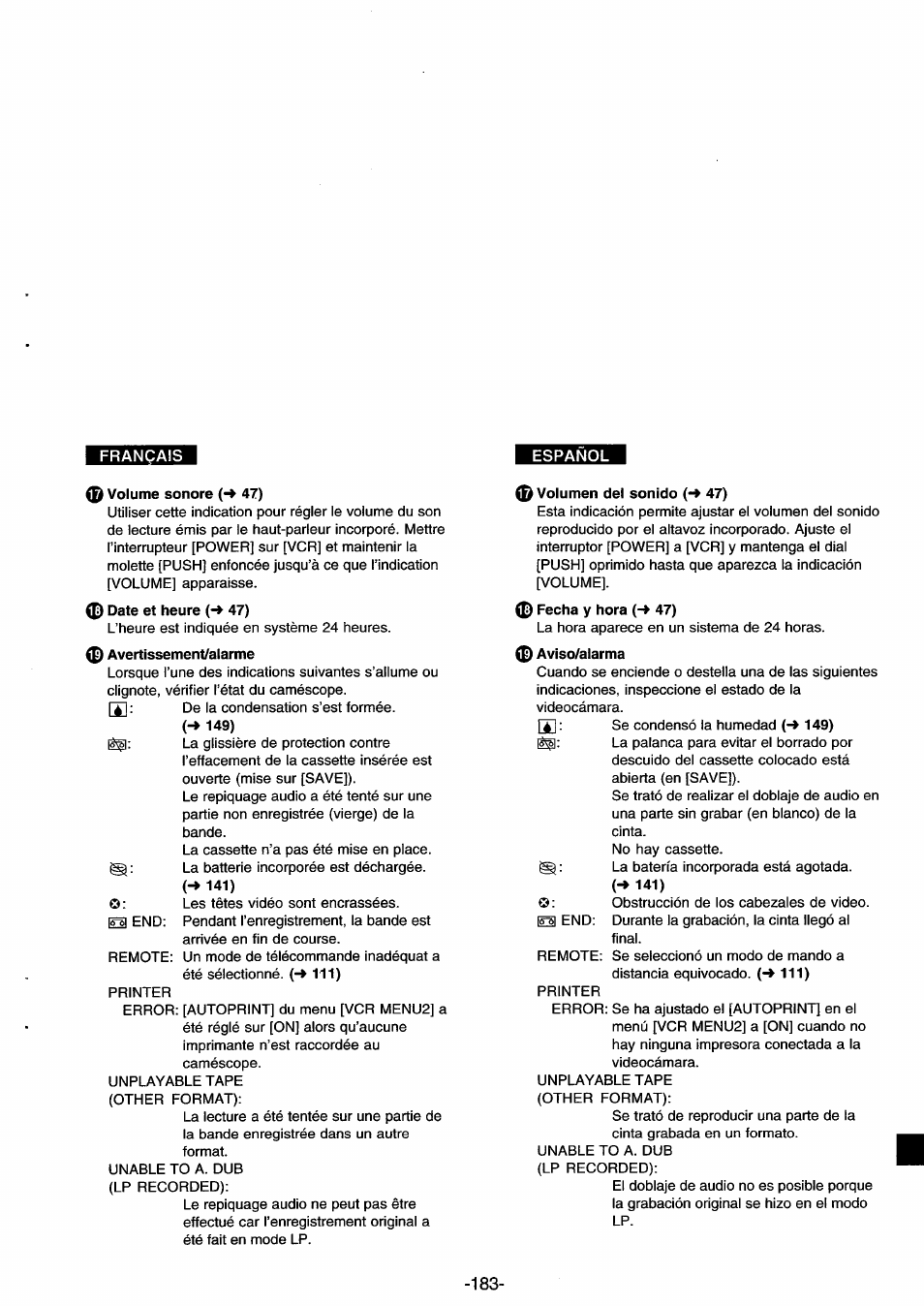 Volume sonore (-> 47), 0 avertissement/alarme, 0 volumen del sonido (•* 47) | 0 fecha y hora (-♦ 47), Aviso/alarma | Panasonic NVDS33EG User Manual | Page 182 / 193