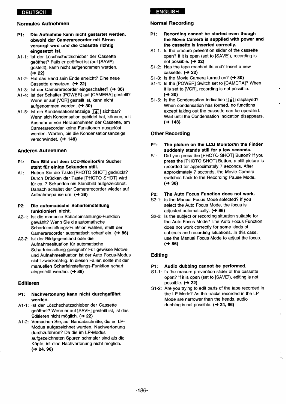 Normales aufnehmen, Anderes aufnehmen, Editieren | Pi: nachvertonung kann nicht durchgeführt, P1: recording cannot be started even though, Other recording, Pi: the picture on the lcd monitor/in the finder, P2: the auto focus function does not work, Editing, Pi: audio dubbing cannot be performed | Panasonic NVDS33EG User Manual | Page 185 / 193