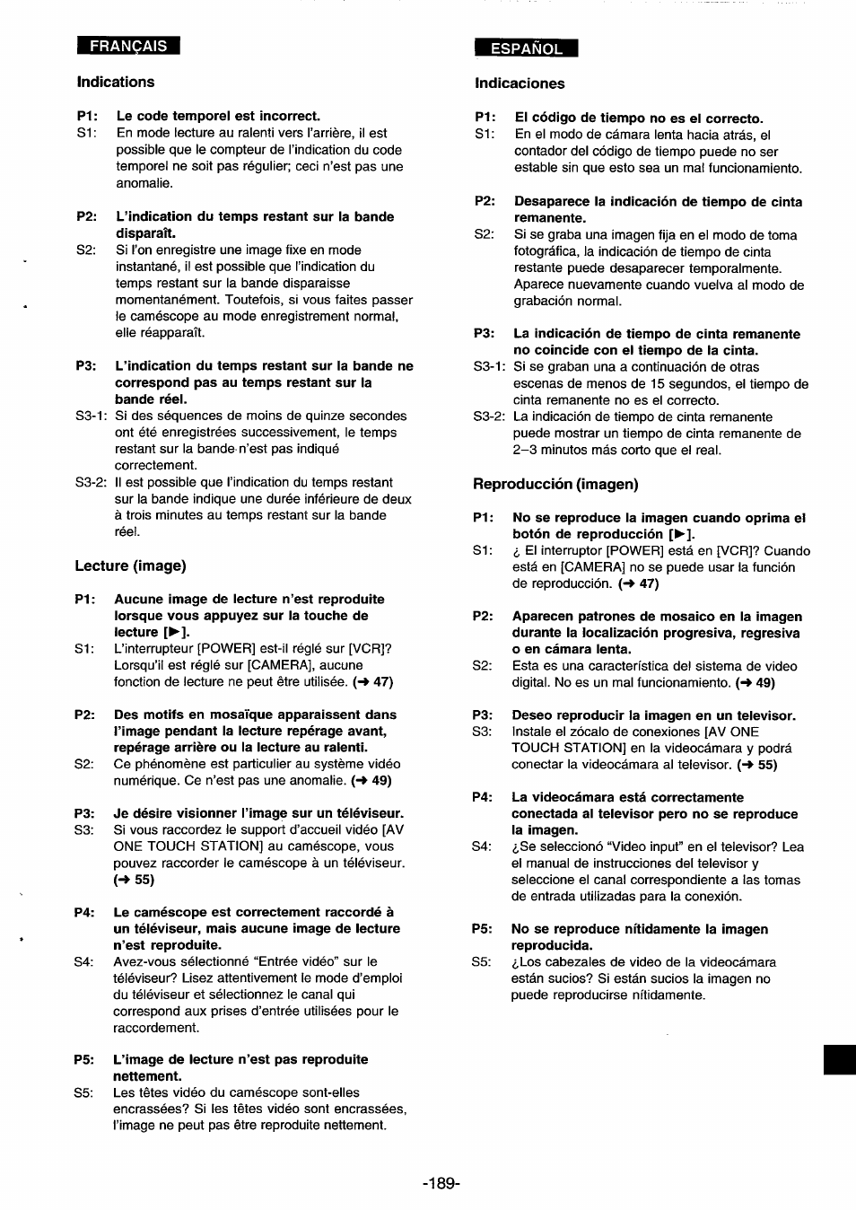 Indications, Indicaciones, Р1 : le code temporel est incorrect | P2: l’indication du temps restant sur la bande, P3: l’indication du temps restant sur la bande ne, Lecture (image), Je désire visionner l’image sur un téléviseur, Ei código de tiempo no es el correcto, Reproducción (imagen), P1: no se reproduce la imagen cuando oprima el | Panasonic NVDS33EG User Manual | Page 188 / 193