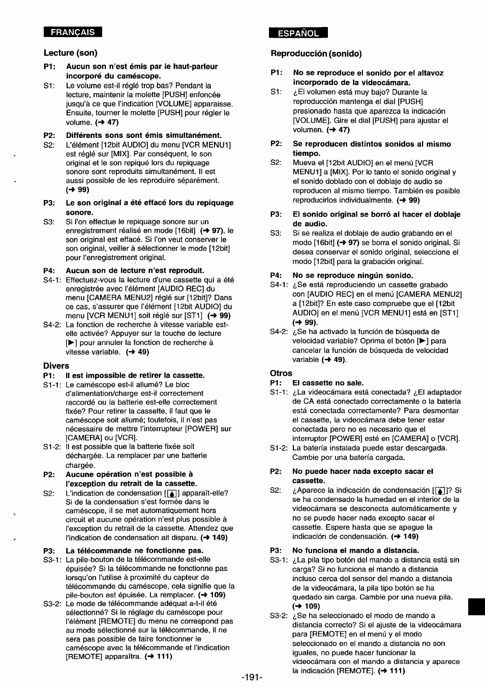 Lecture (son), P2: différents sons sont émis simultanément, Sonore | Divers, Reproducción (sonido), Pi: no se reproduce el sonido por el altavoz, Otros, P3: no funciona el mando a distancia | Panasonic NVDS33EG User Manual | Page 190 / 193